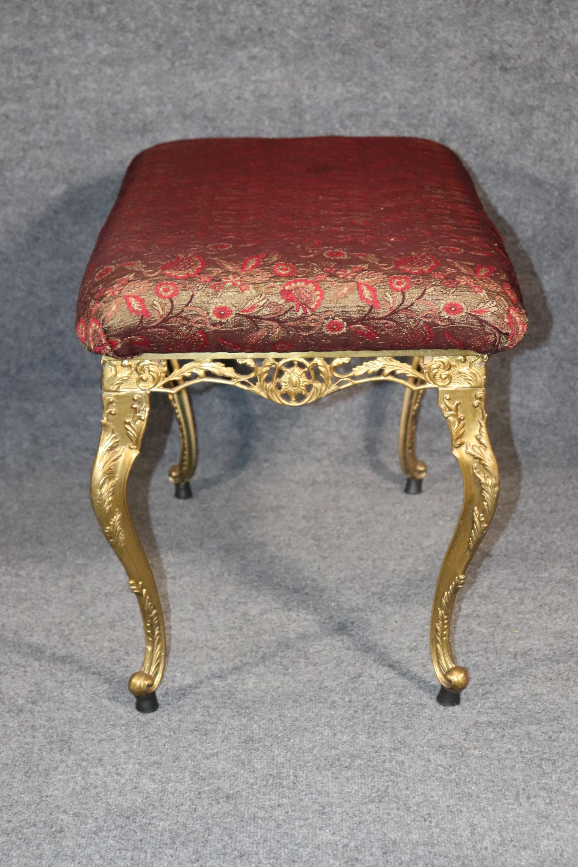 Italian Antique Vintage Upholstered Louis XV Style Brass Bench Ottoman For Sale