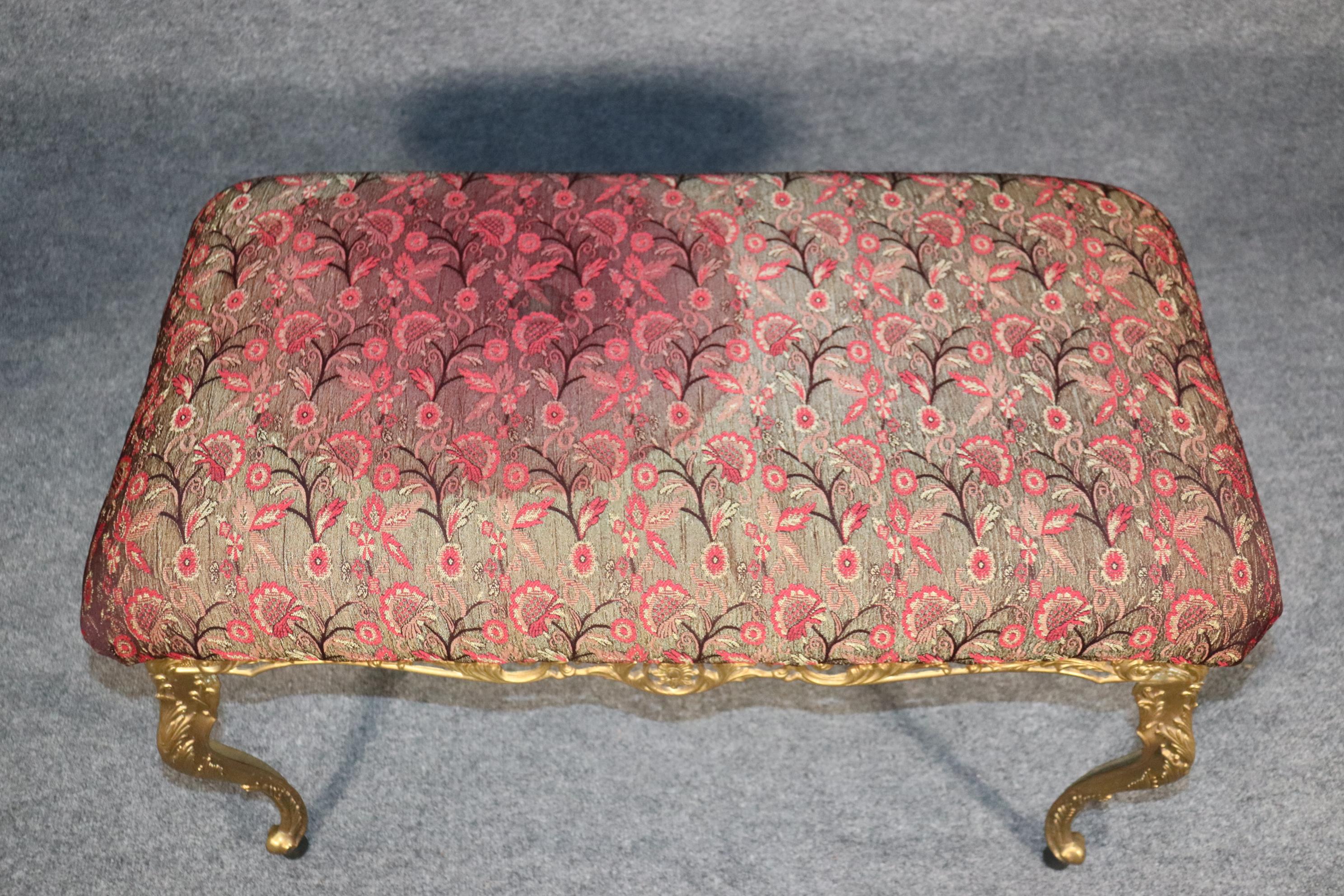 Cast Antique Vintage Upholstered Louis XV Style Brass Bench Ottoman For Sale