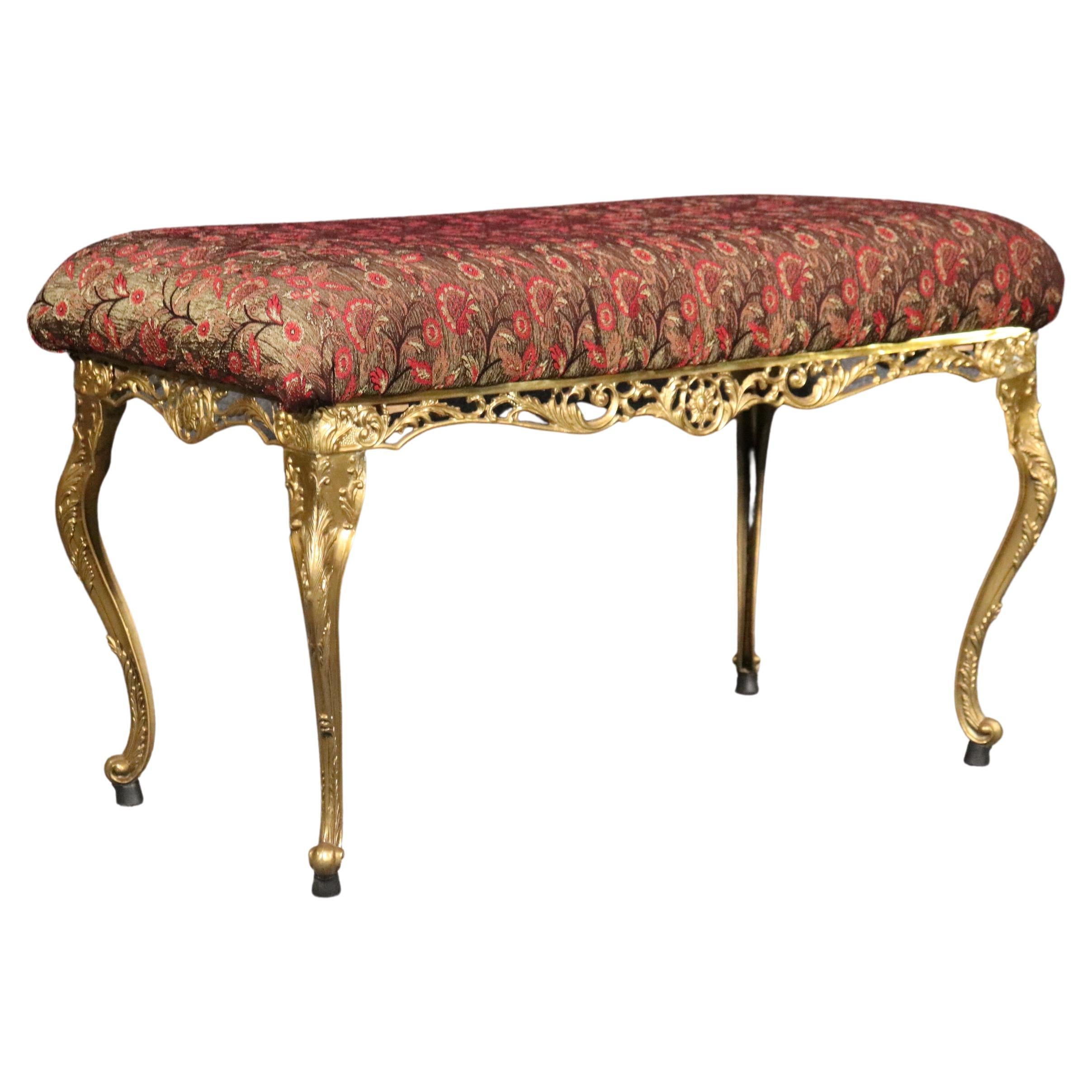 Antique Vintage Upholstered Louis XV Style Brass Bench Ottoman For Sale