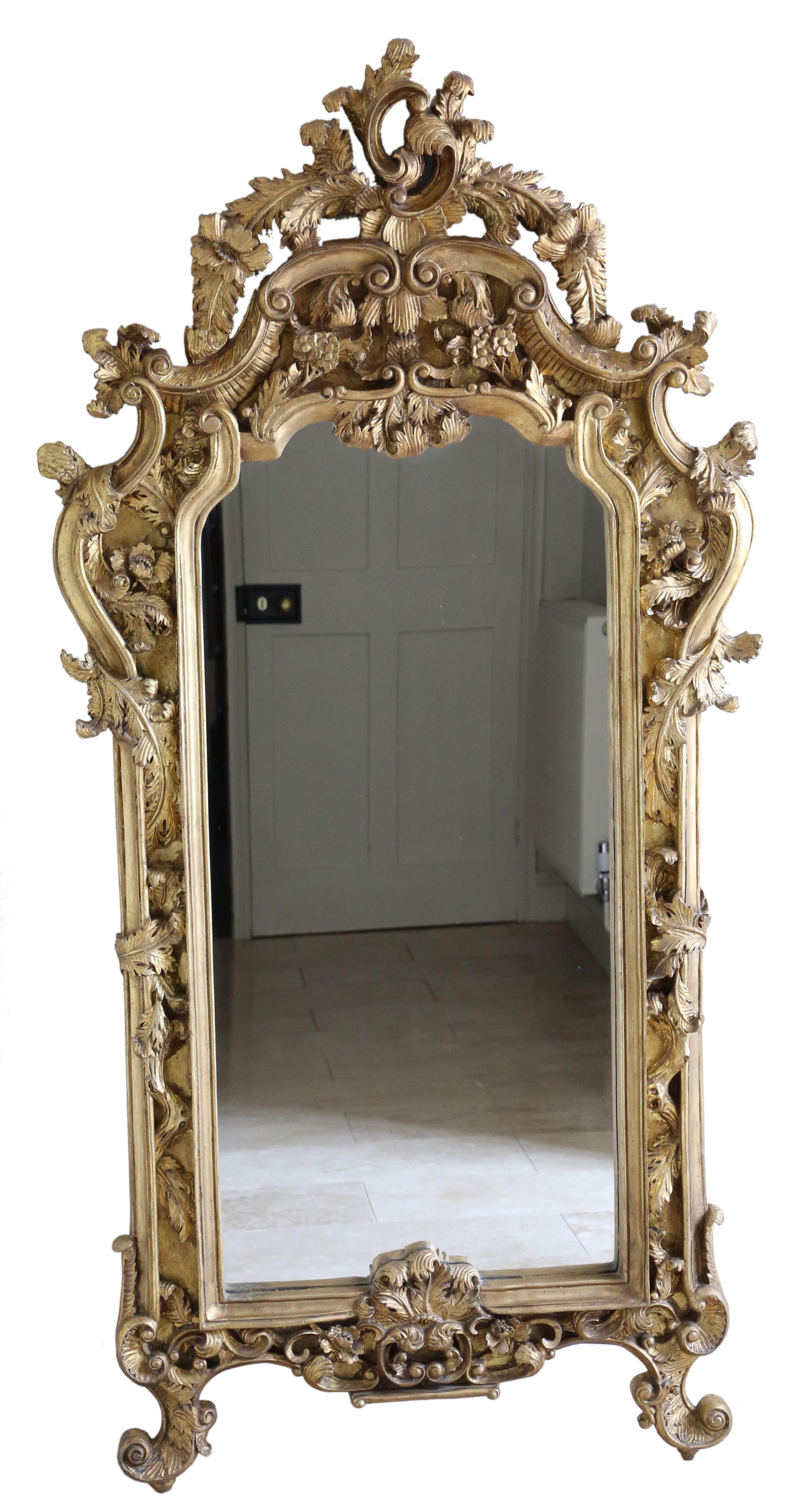 Antique Vintage very large fine quality gilt floor mirror. Approximately 50 years old.

An impressive rare find, that would look amazing in the right location. No loose joints or woodworm.

The original mirrored glass is in good
