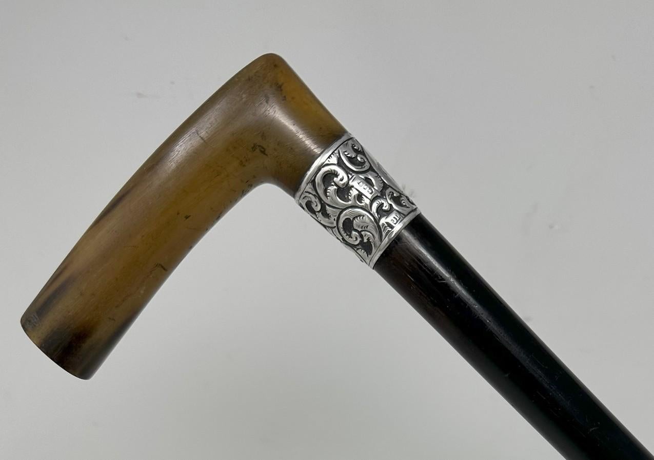 Victorian Antique Vintage Walking Stick Cane Wooden Sterling Silver Cow Horn Handle 1889 