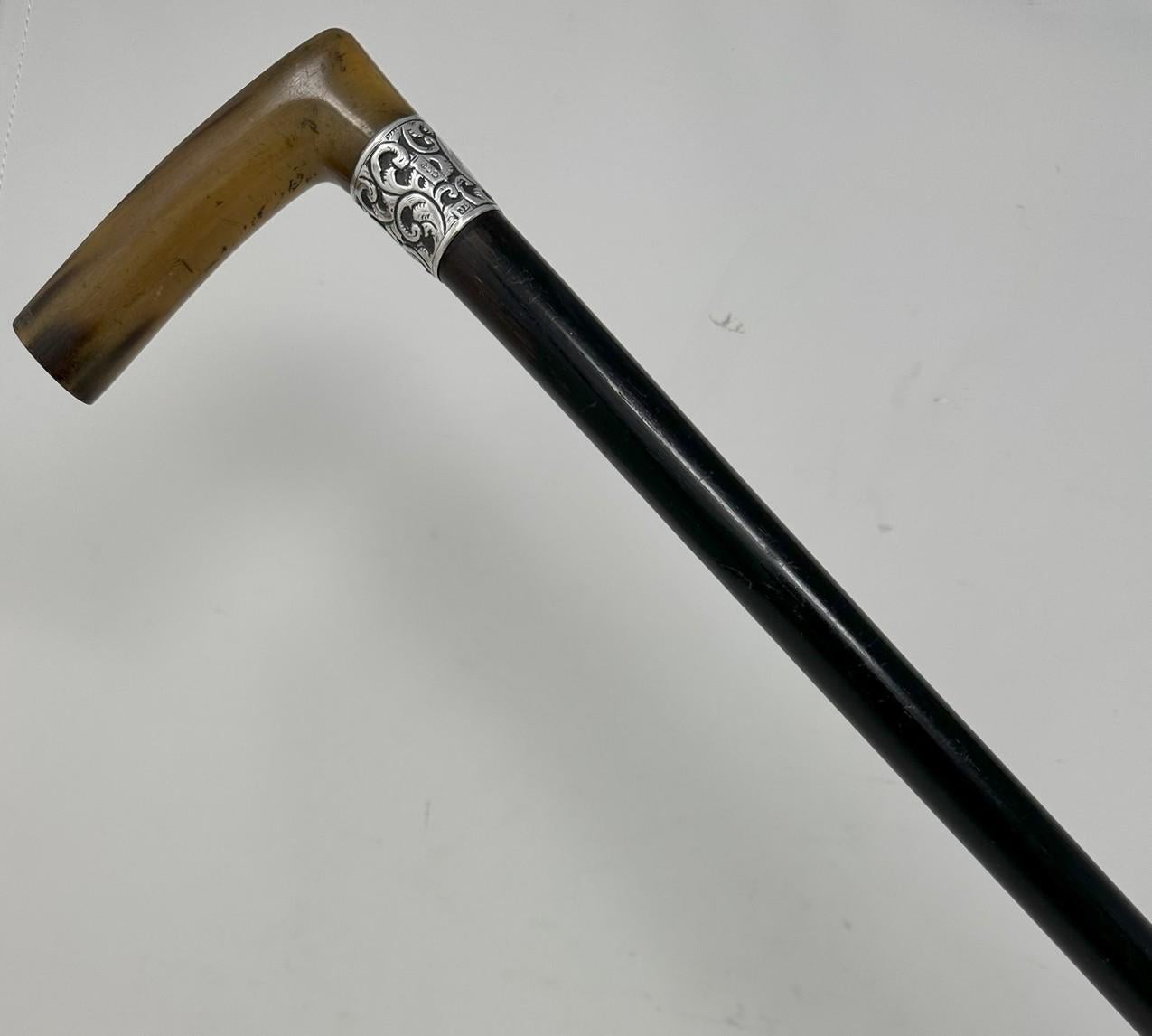 British Antique Vintage Walking Stick Cane Wooden Sterling Silver Cow Horn Handle 1889 