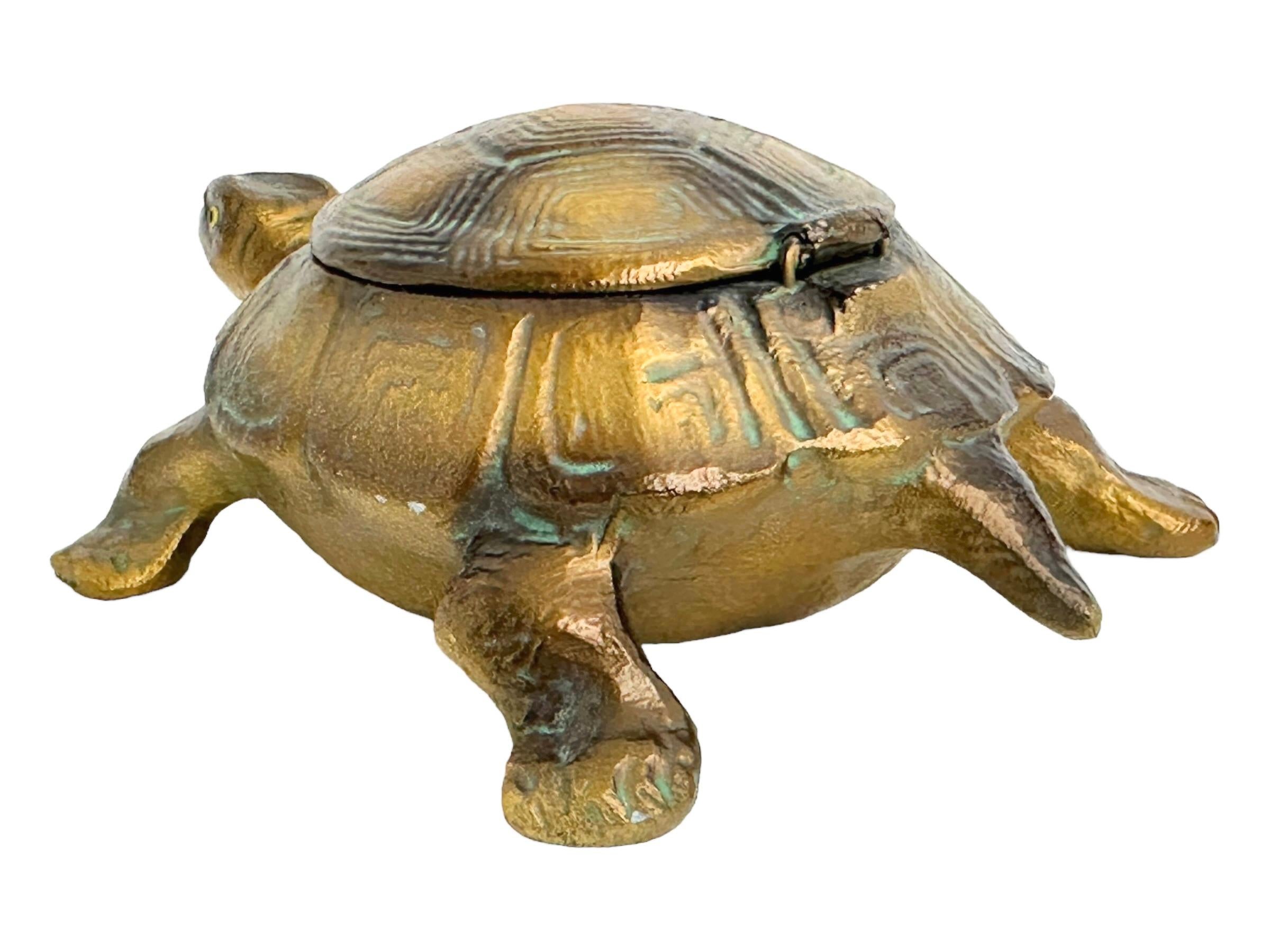 Cold-Painted Antique Vintage White Metal Turtle Figural Ashtray, Austria 1930s