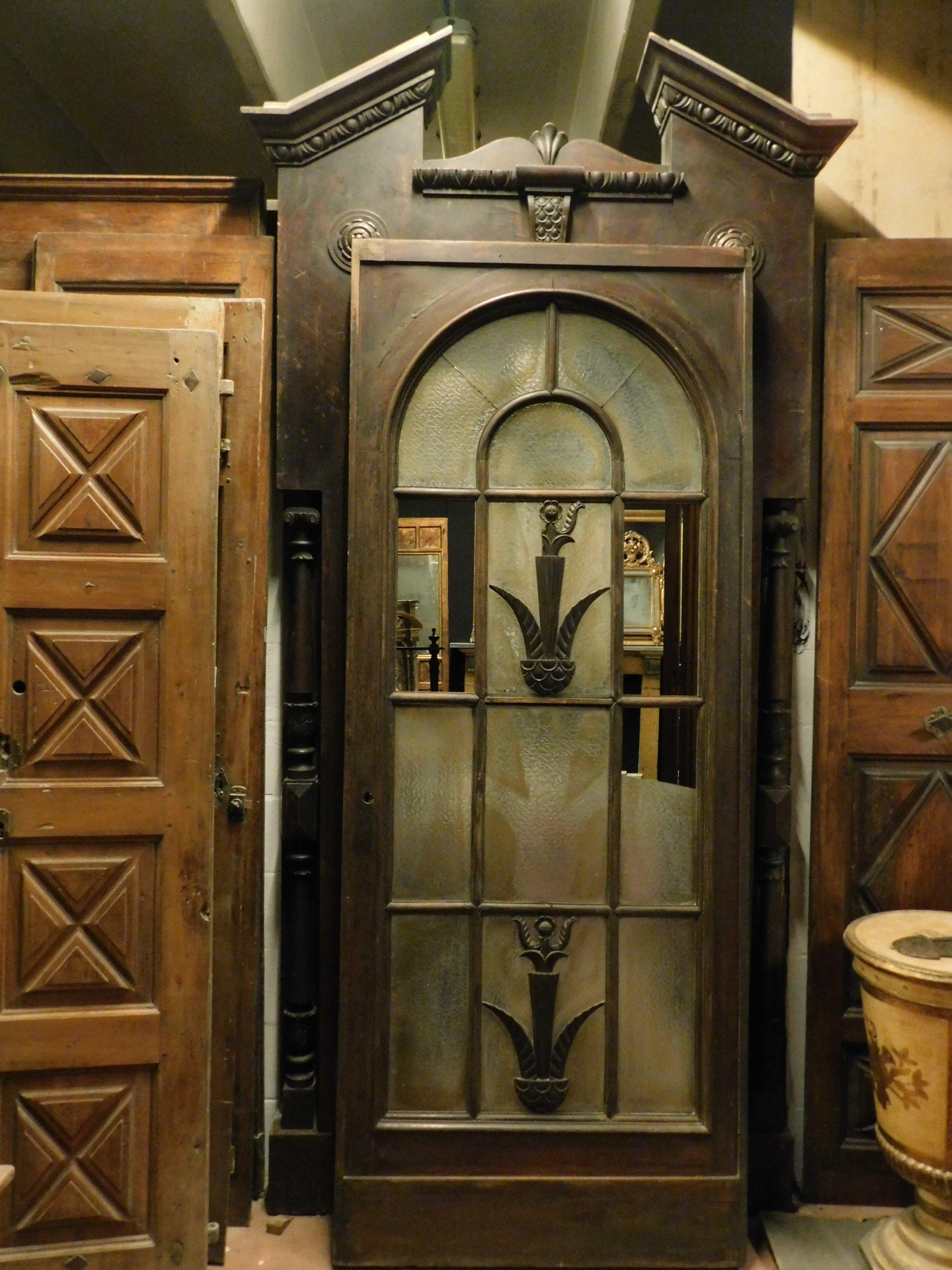 Italian Antique Vintage Wood Glass Door, Large Frame, 1930s from Milan Original Cinema