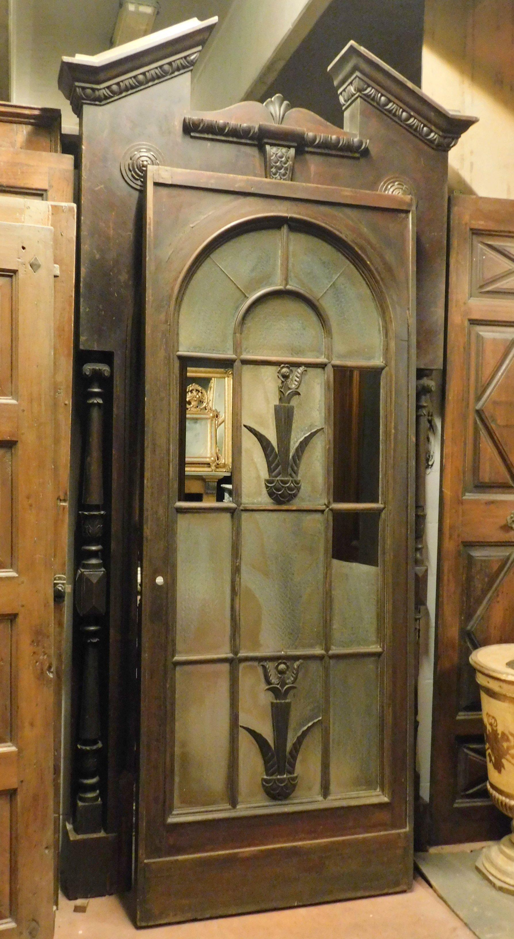 Antique Vintage Wood Glass Door, Large Frame, 1930s from Milan Original Cinema In Good Condition In Cuneo, Italy (CN)