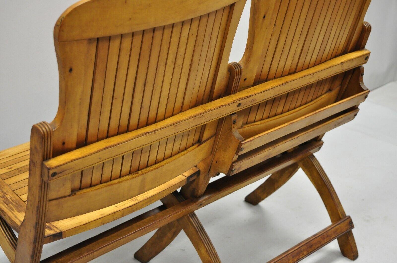 Antique Vintage Wood Slat Double Folding Seat Theater School Old Pew Chair For Sale 3