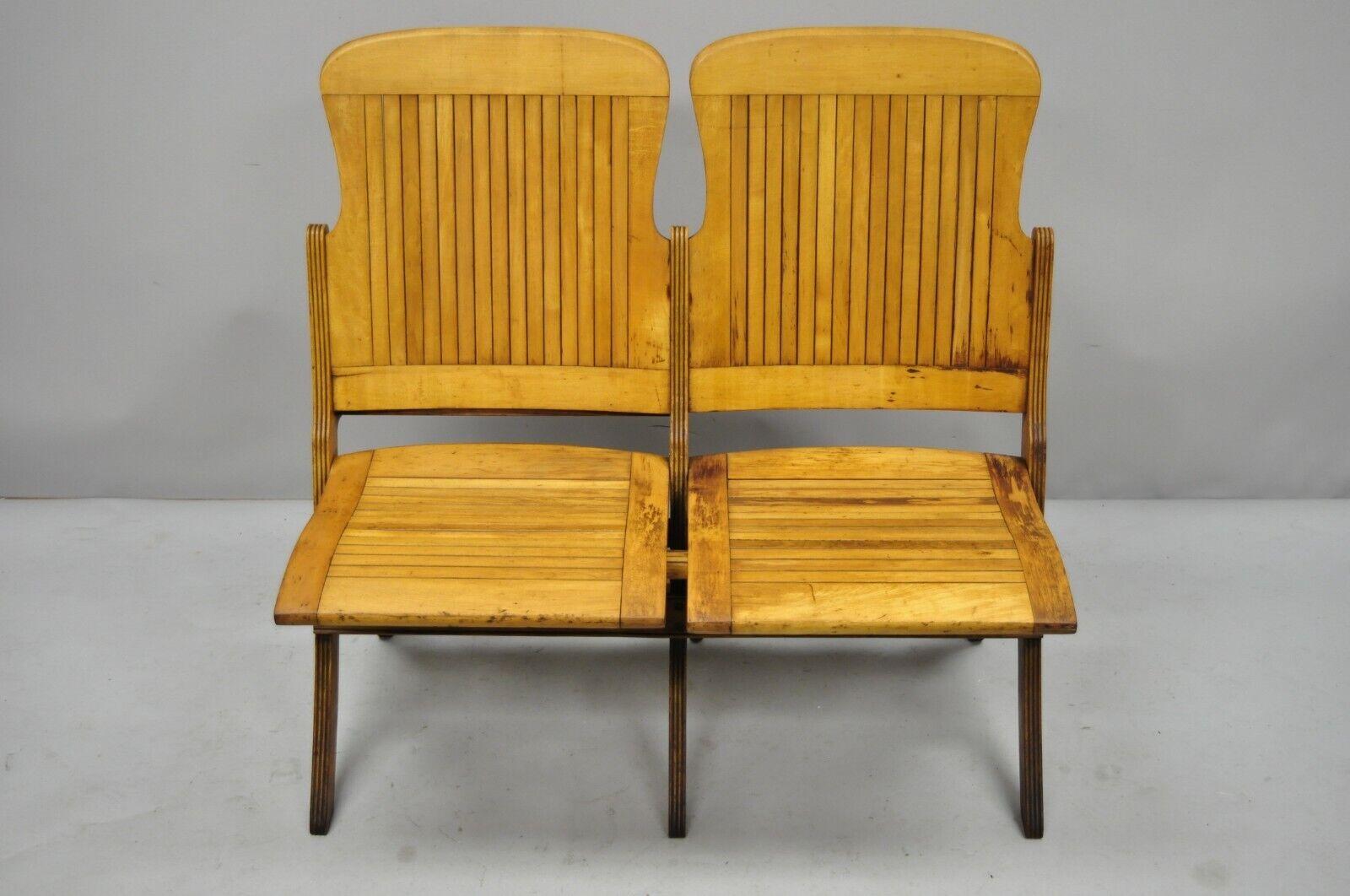 Antique Vintage Wood Slat Double Folding Seat Theater School Old Pew Chair For Sale 5