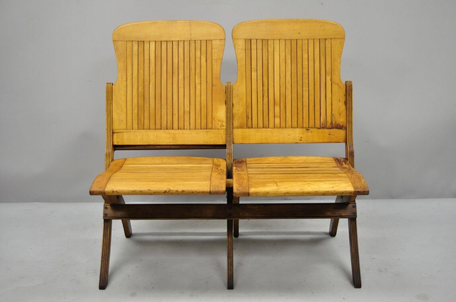 American Craftsman Antique Vintage Wood Slat Double Folding Seat Theater School Old Pew Chair For Sale