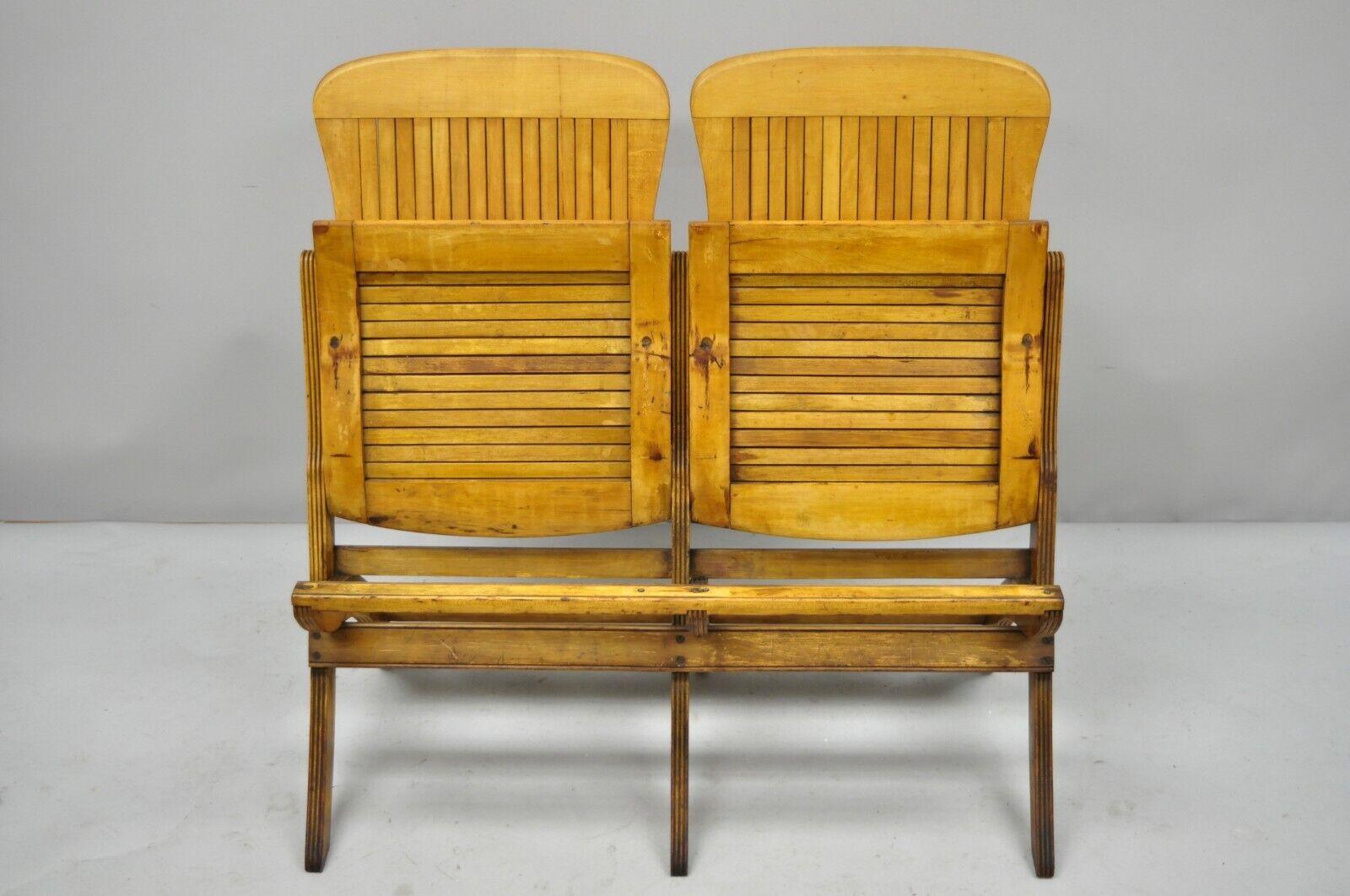 American Craftsman Antique Vintage Wood Slat Double Folding Seat Theater School Old Pew Chair For Sale