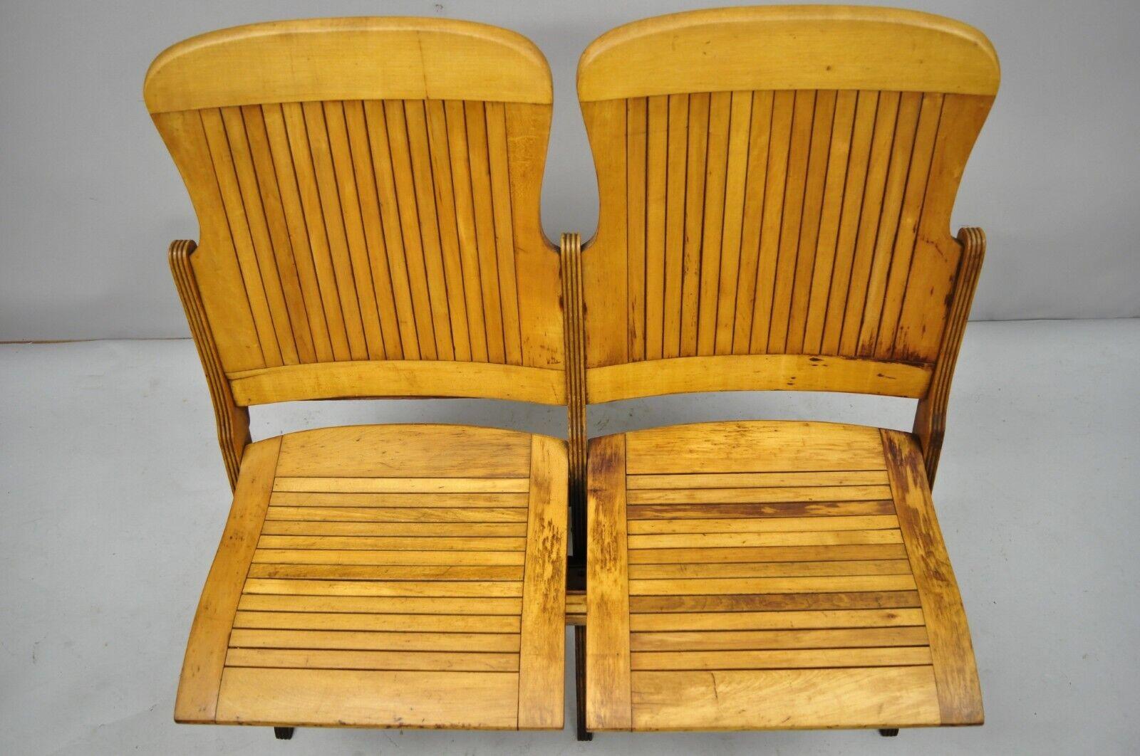 American Antique Vintage Wood Slat Double Folding Seat Theater School Old Pew Chair For Sale