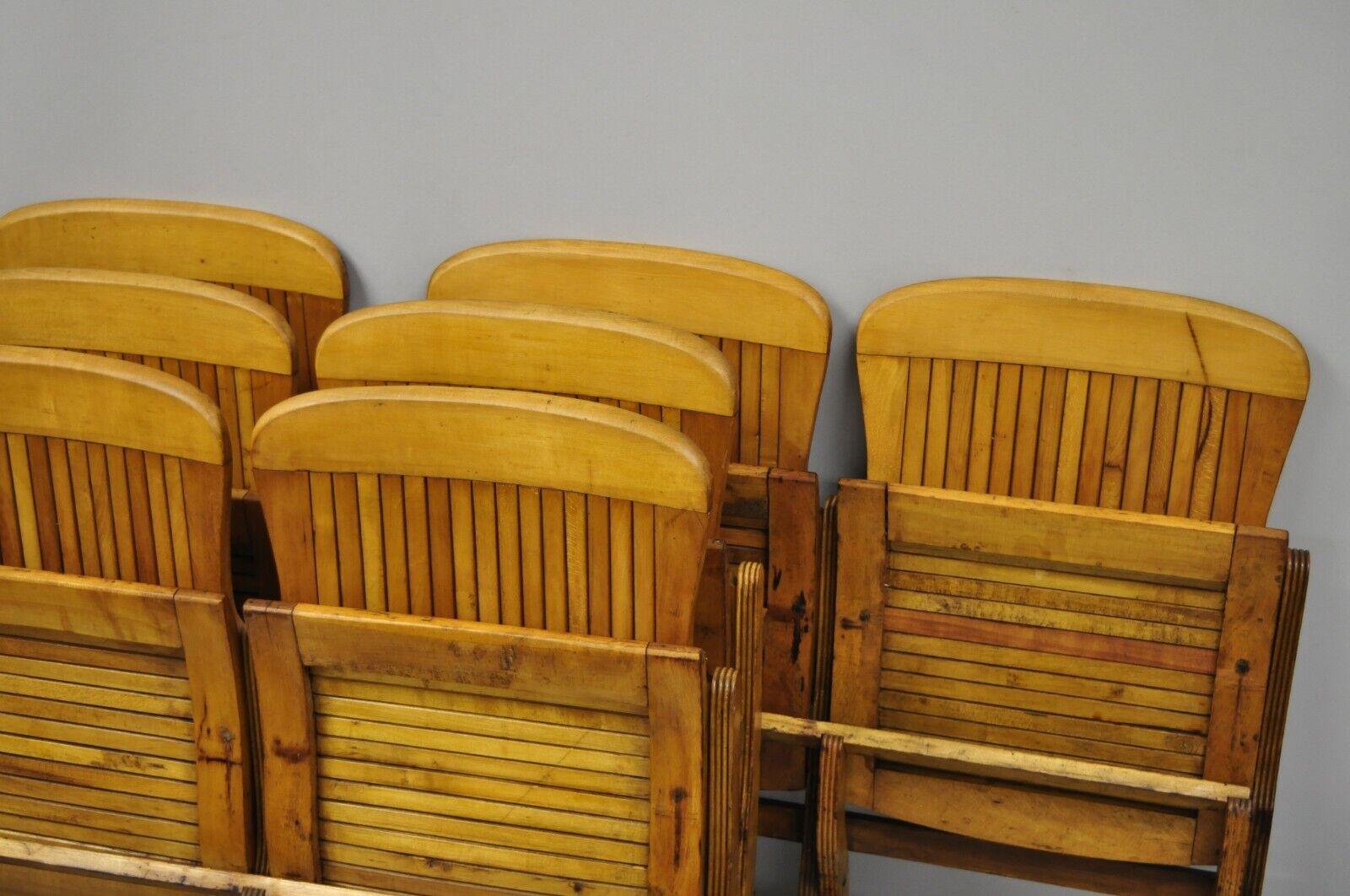 Antique Vintage Wood Slat Double Folding Seat Theater School Old Pew Chair In Good Condition For Sale In Philadelphia, PA