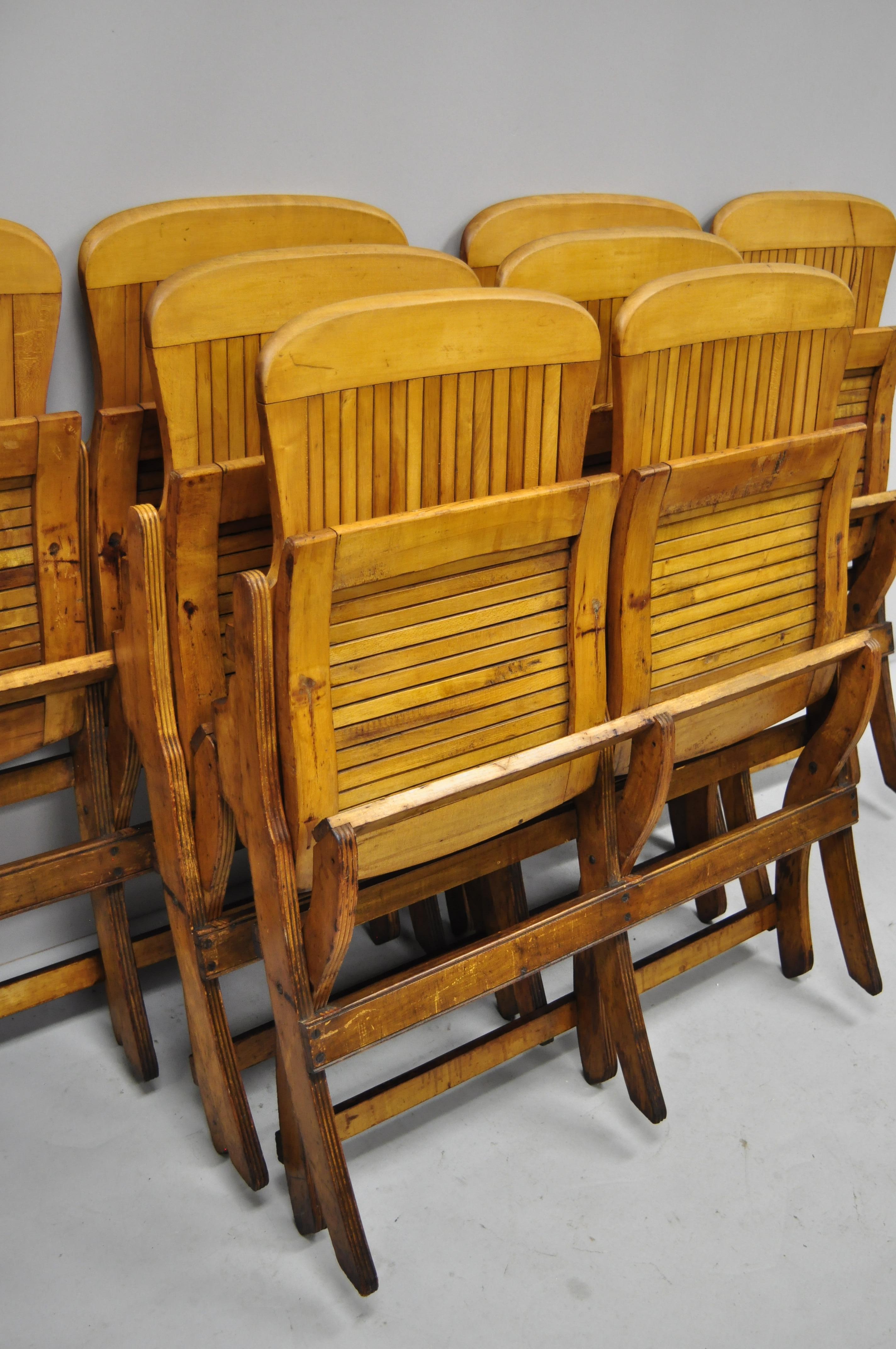 American Antique Vintage Wood Slat Double Folding Seat Theater School Old Pew Chair