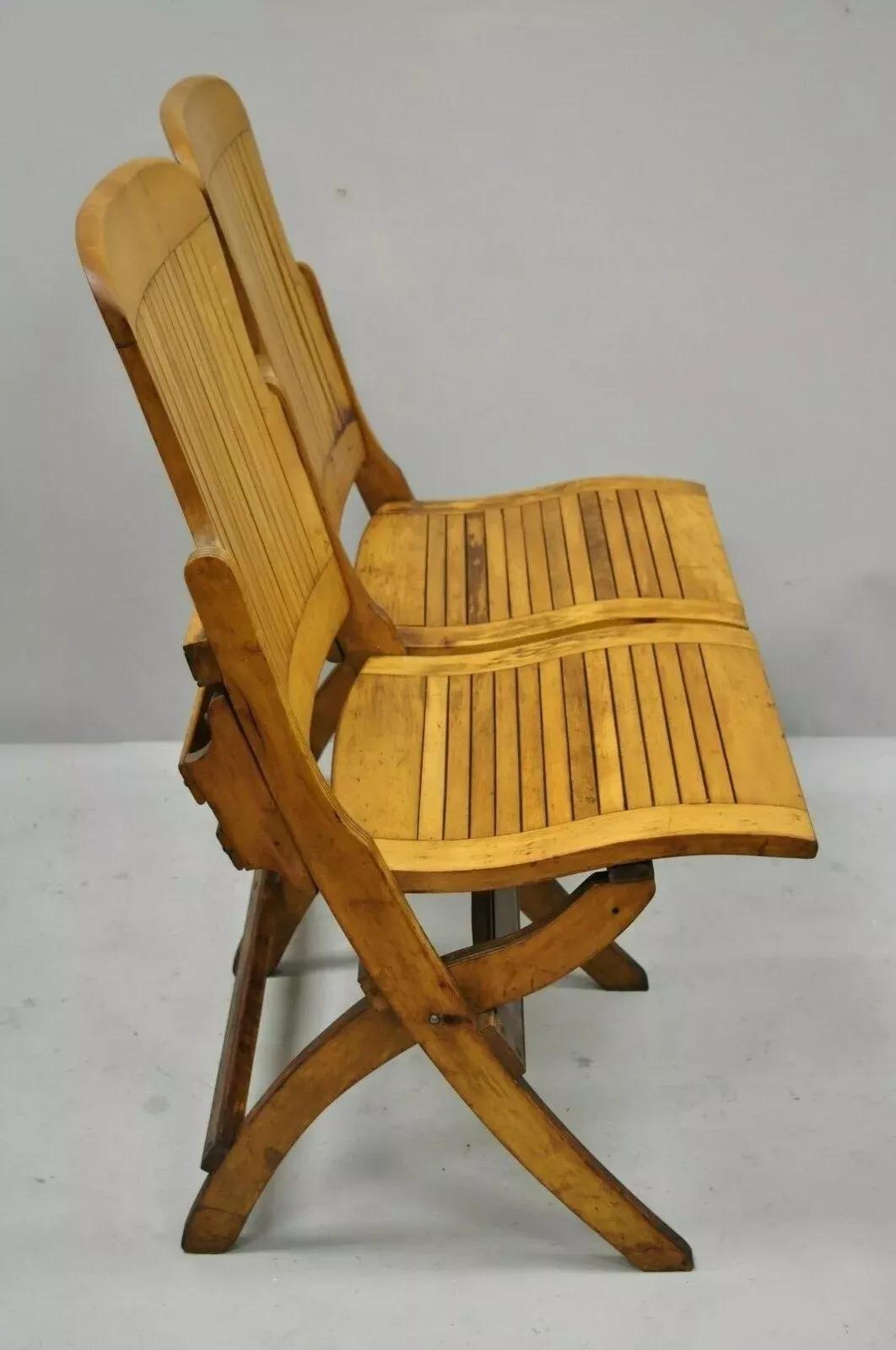 Antique Vintage Wood Slat Double Folding Theater Seat School Chair Old Bench For Sale 5