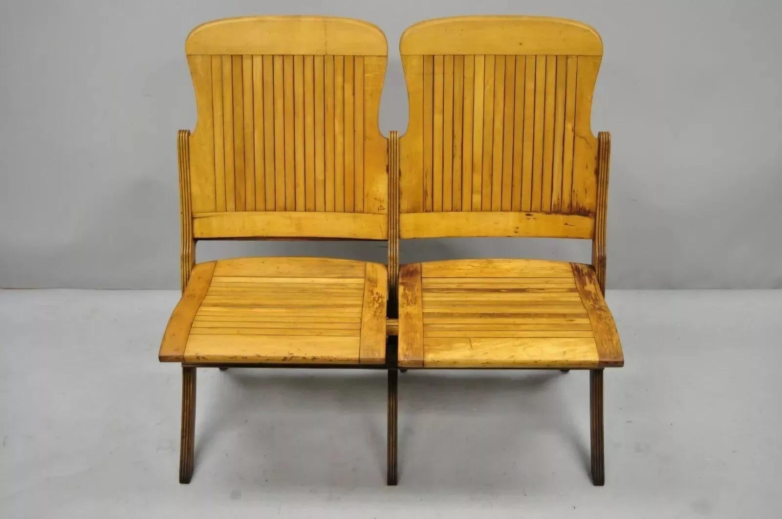 Antique Vintage Wood Slat Double Folding Theater Seat School Chair Old Bench For Sale 6