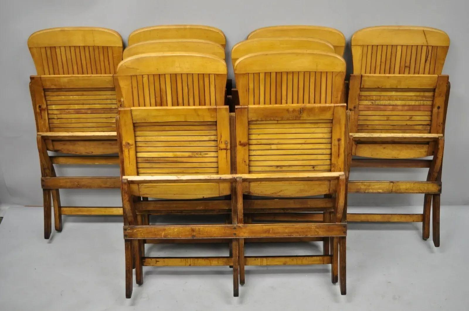 Antique Vintage Wood Slat Double Folding Theater Seat School Chair Old Bench. Item features a book slot to rear of one chair, folding frames, great patina, solid wood construction, beautiful wood grain, very nice antique item, quality American