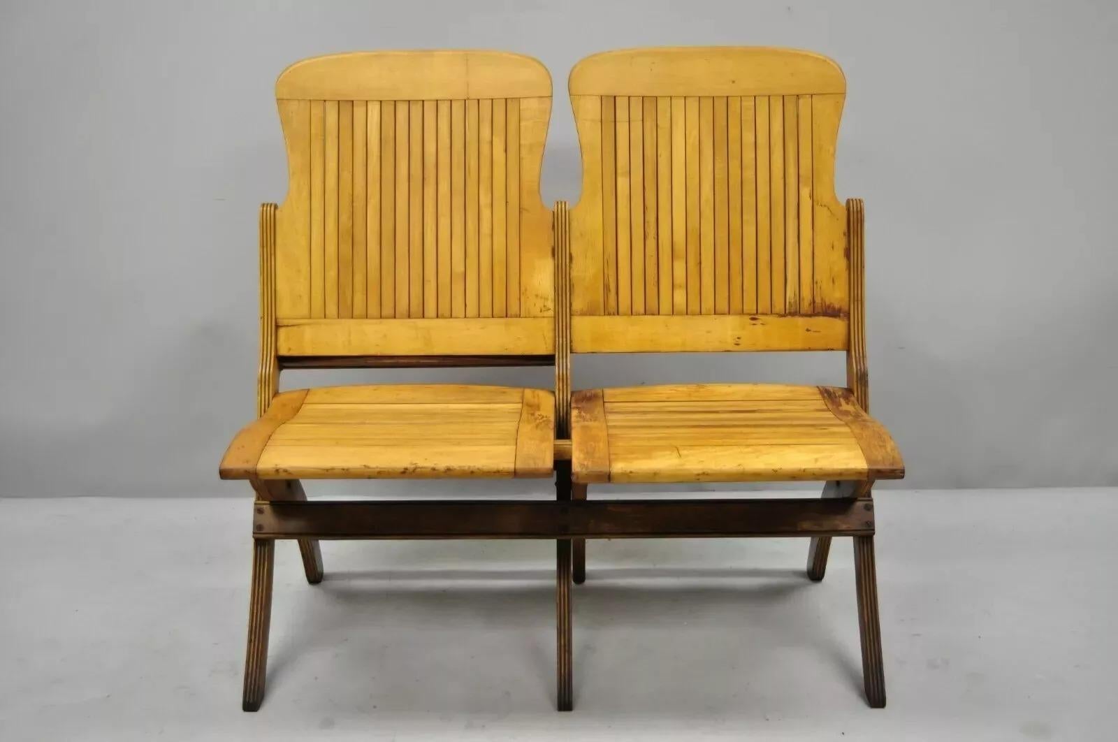 Other Antique Vintage Wood Slat Double Folding Theater Seat School Chair Old Bench For Sale