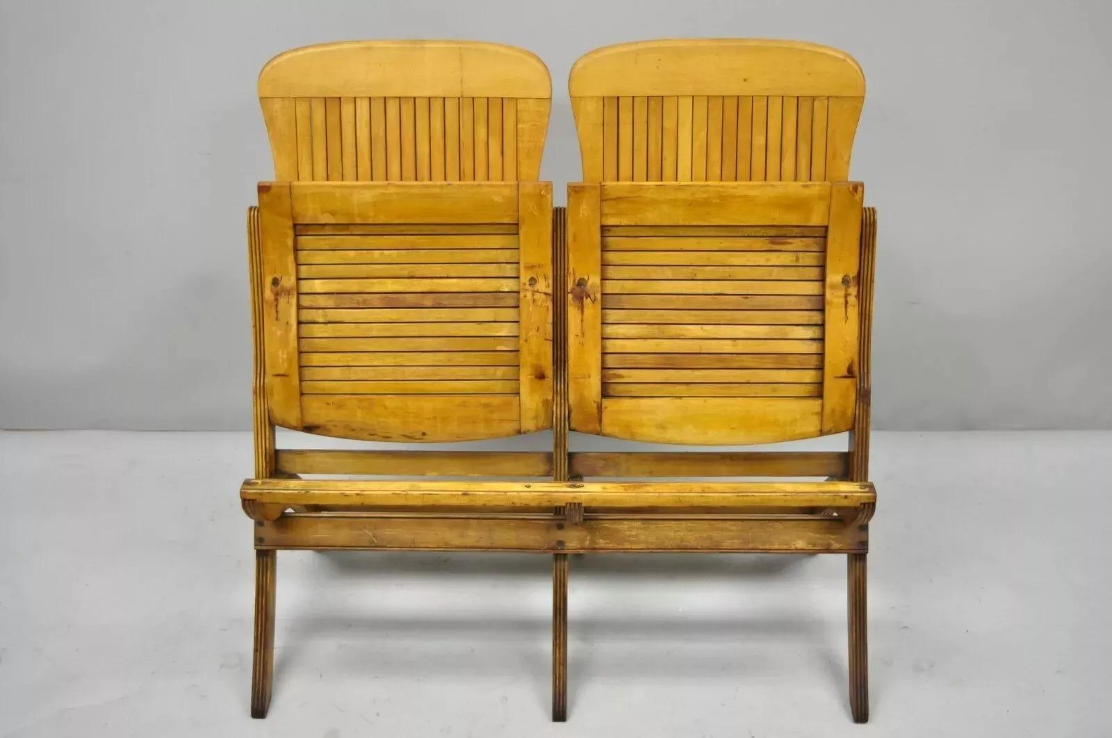 Unknown Antique Vintage Wood Slat Double Folding Theater Seat School Chair Old Bench For Sale