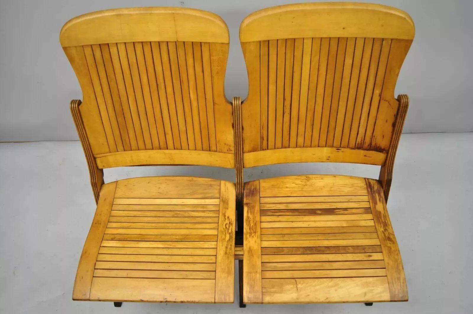 Antique Vintage Wood Slat Double Folding Theater Seat School Chair Old Bench In Good Condition For Sale In Philadelphia, PA