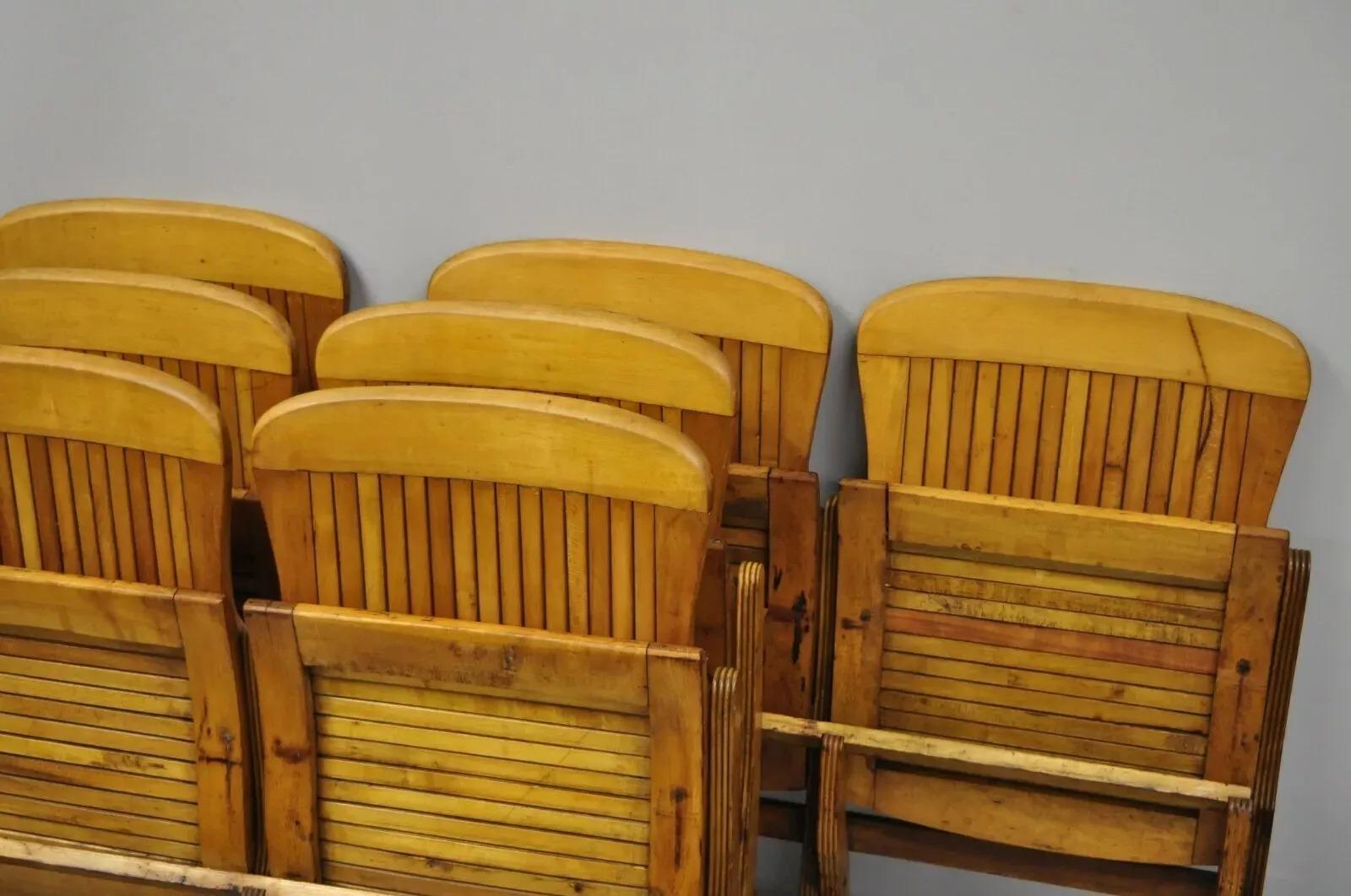 20th Century Antique Vintage Wood Slat Double Folding Theater Seat School Chair Old Bench For Sale
