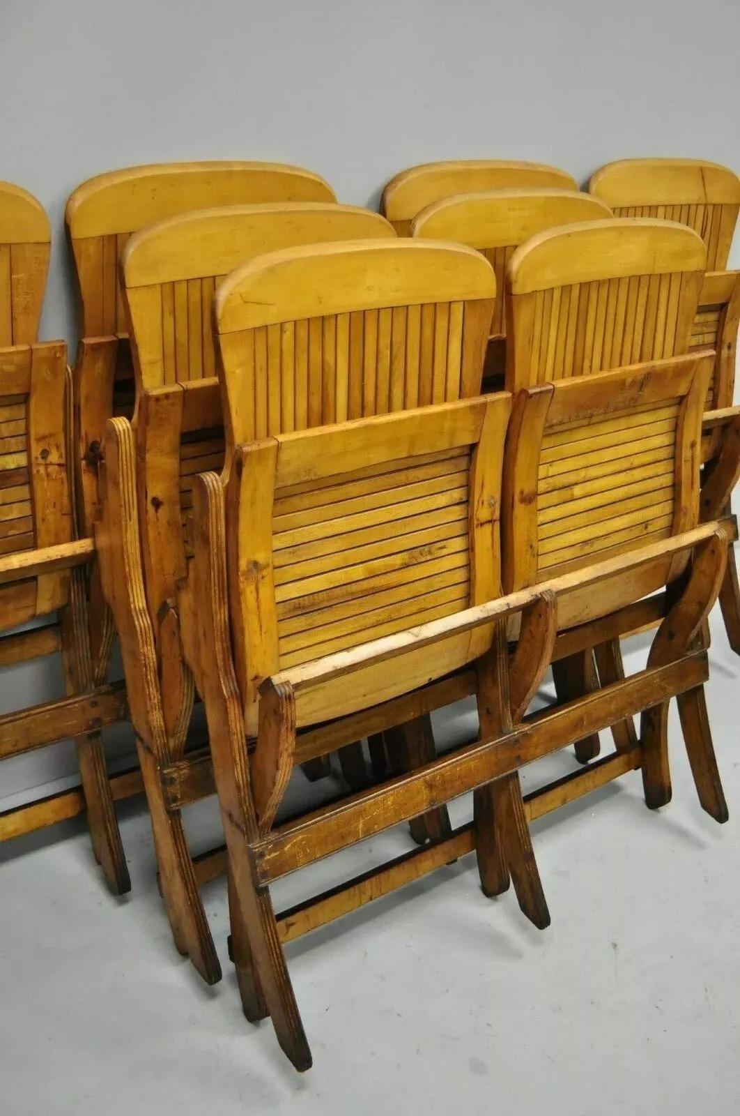 Antique Vintage Wood Slat Double Folding Theater Seat School Chair Old Bench For Sale 1
