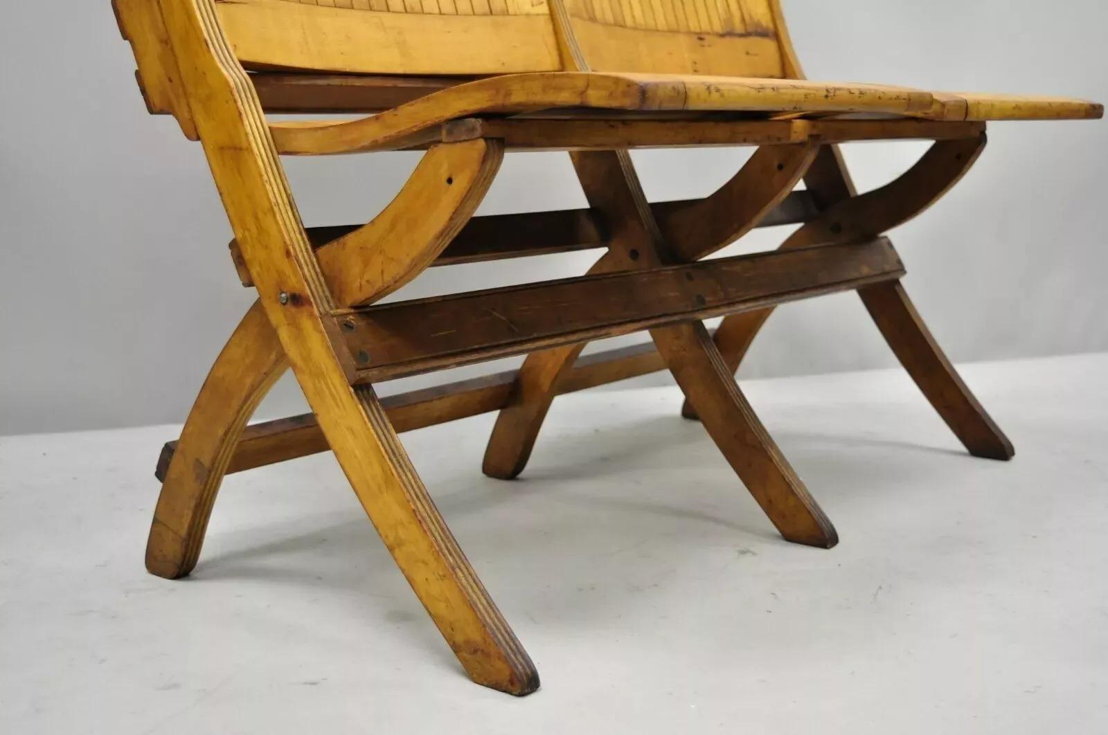 Antique Vintage Wood Slat Double Folding Theater Seat School Chair Old Bench For Sale 2