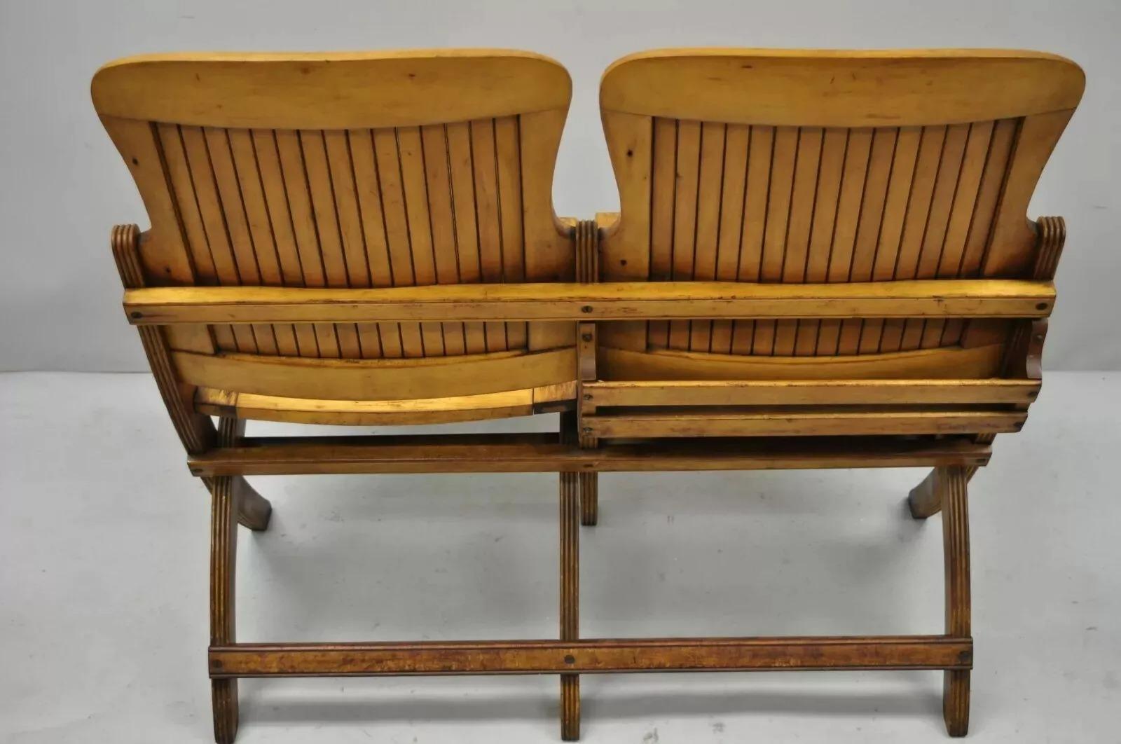 Antique Vintage Wood Slat Double Folding Theater Seat School Chair Old Bench For Sale 3