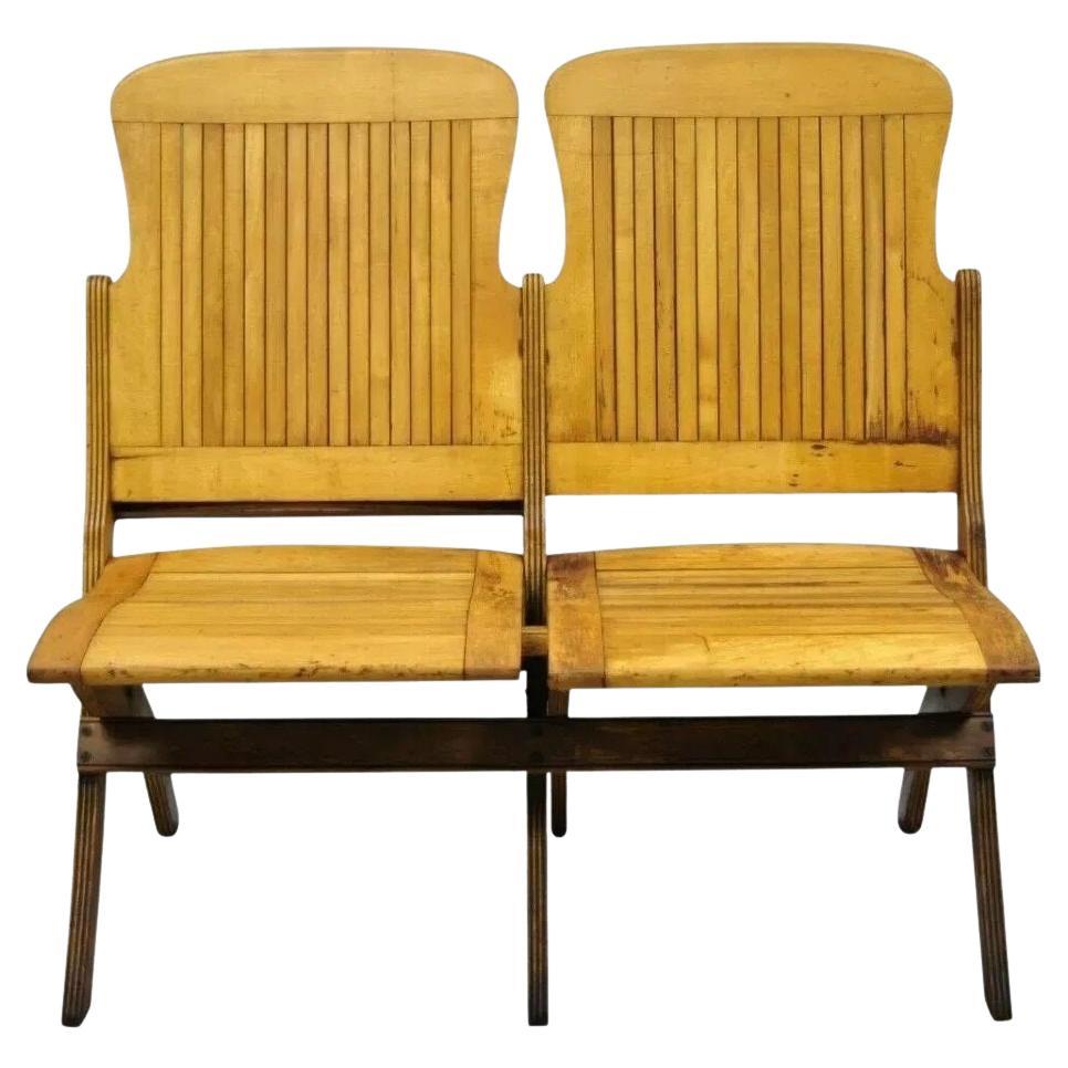 Antique Vintage Wood Slat Double Folding Theater Seat School Chair Old Bench