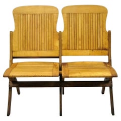 Antique Vintage Wood Slat Double Folding Theater Seat School Chair Old Bench