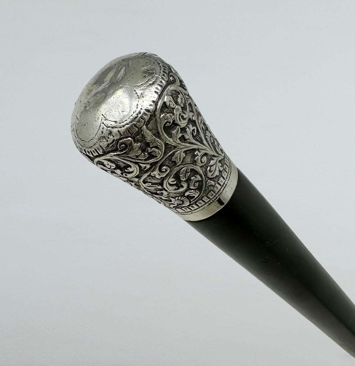 Victorian Antique Vintage Wooden Ebony Chinese Walking Stick Dress Cane Sterling Silver  For Sale