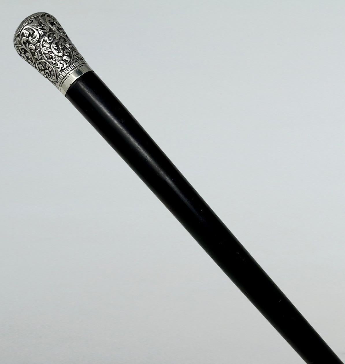 Carved Antique Vintage Wooden Ebony Chinese Walking Stick Dress Cane Sterling Silver  For Sale