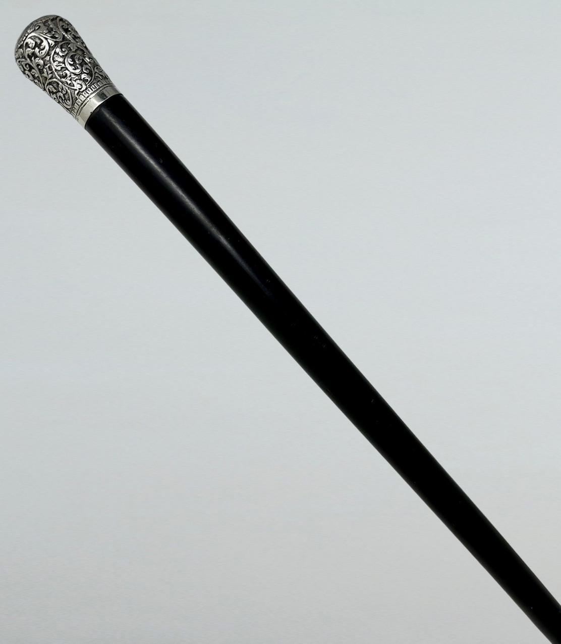 Carved Antique Vintage Wooden Ebony Chinese Walking Stick Dress Cane Sterling Silver  For Sale