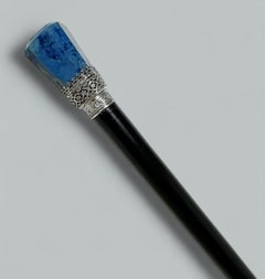 Antique Vintage Wooden Ebony Lapis Lazuli Walking Stick Cane Sterling Silver 19C