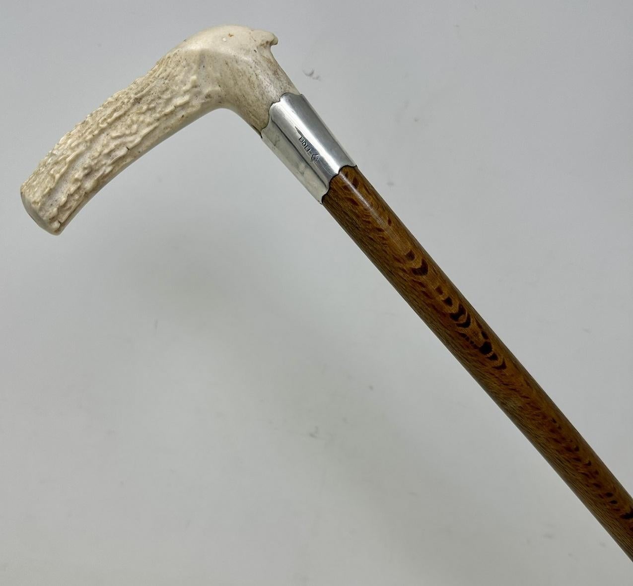 Britannique Antique Vintage Wooden Stag Antler Horn Walking Stick Cane Sterling Silver 1899  en vente