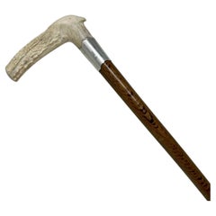 Antique Vintage Wooden Stag Antler Horn Walking Stick Cane Sterling Silver 1899