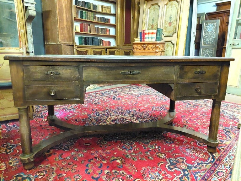 Antique Vintage Writing Desk in Walnut, Drawers and Green Leather, 19th