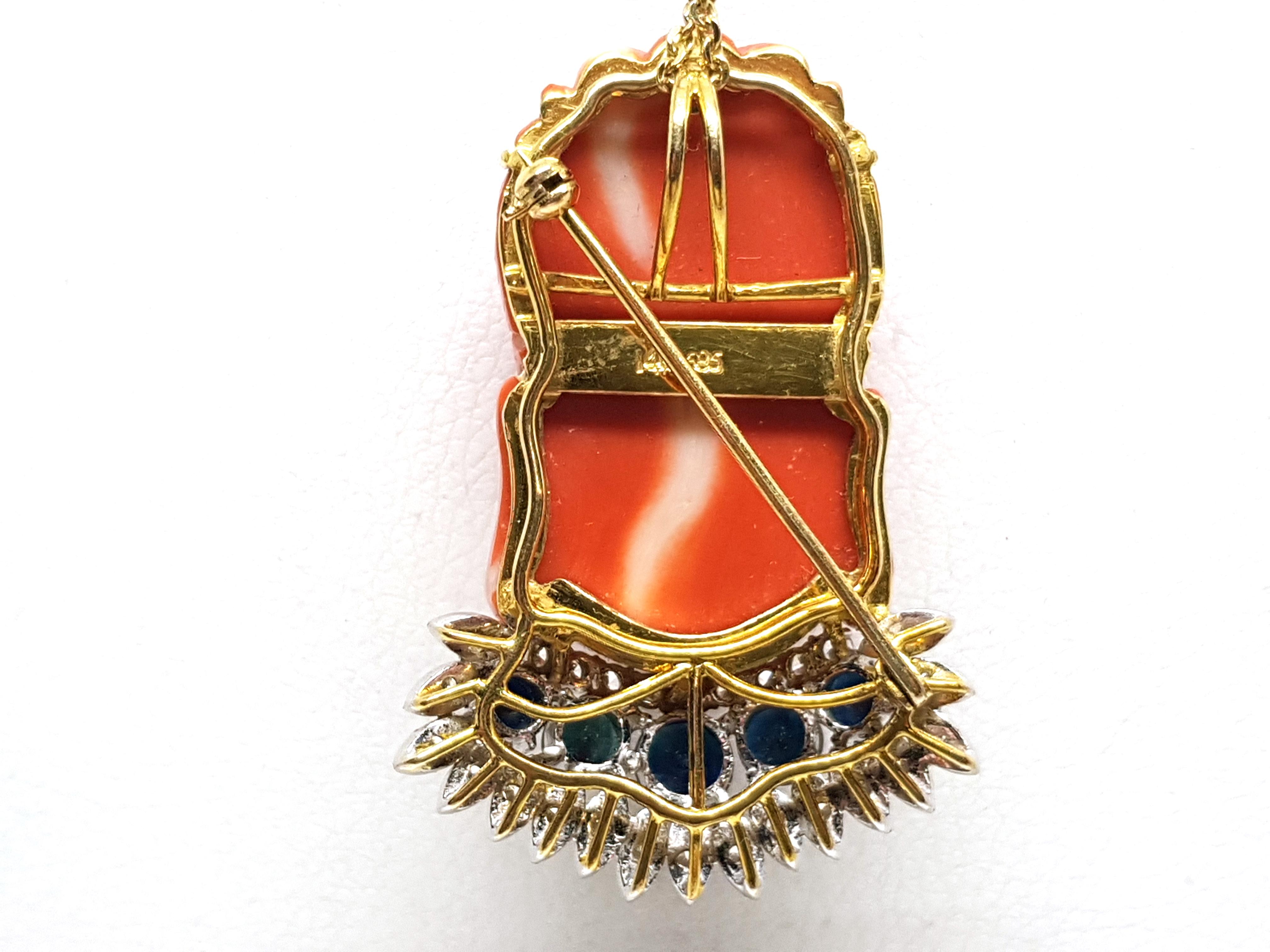 Antique Vintage Yellow Gold Coral Sapphire Diamond Brooch Pendant For Sale 2