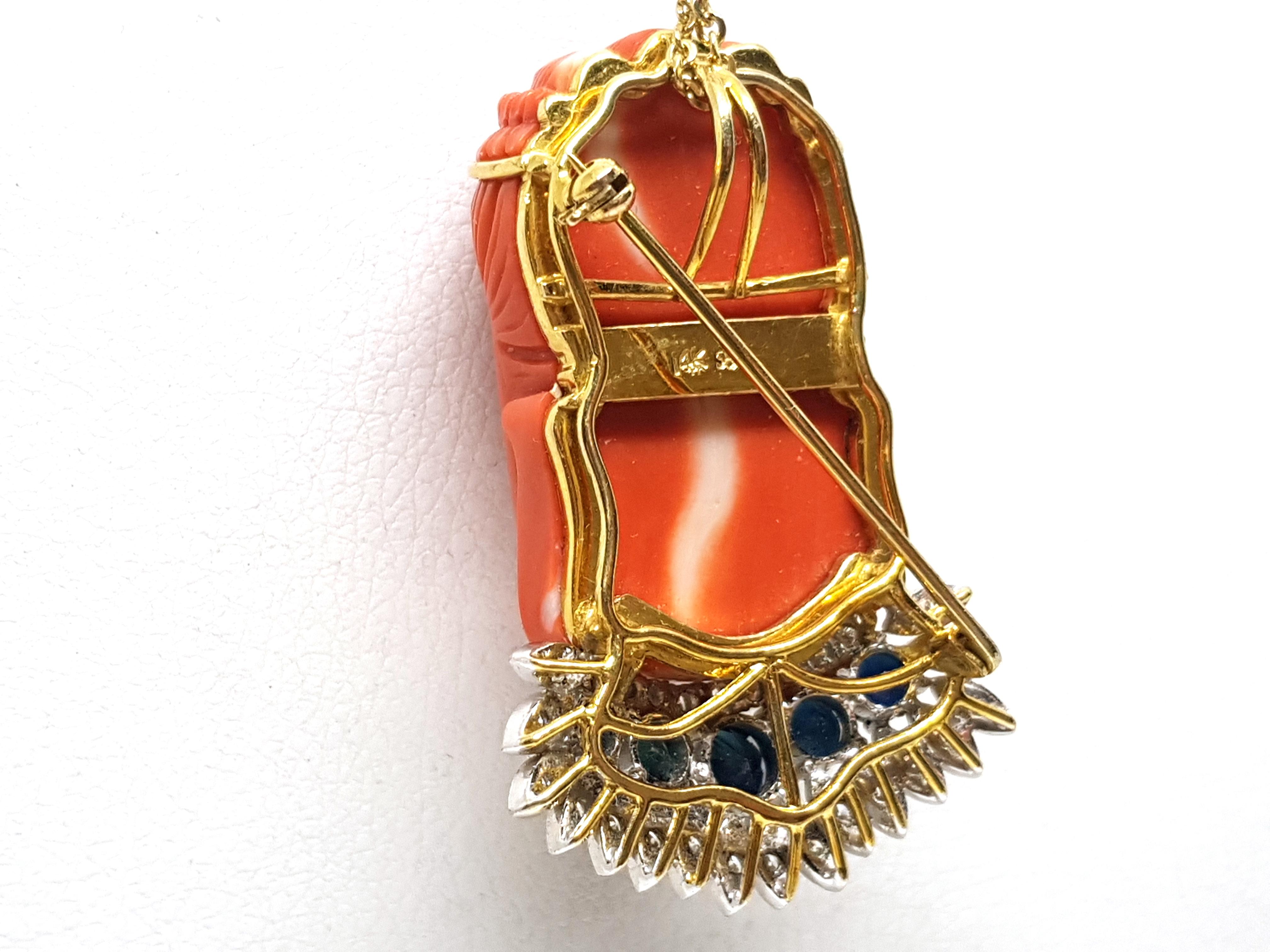 Antique Vintage Yellow Gold Coral Sapphire Diamond Brooch Pendant For Sale 3