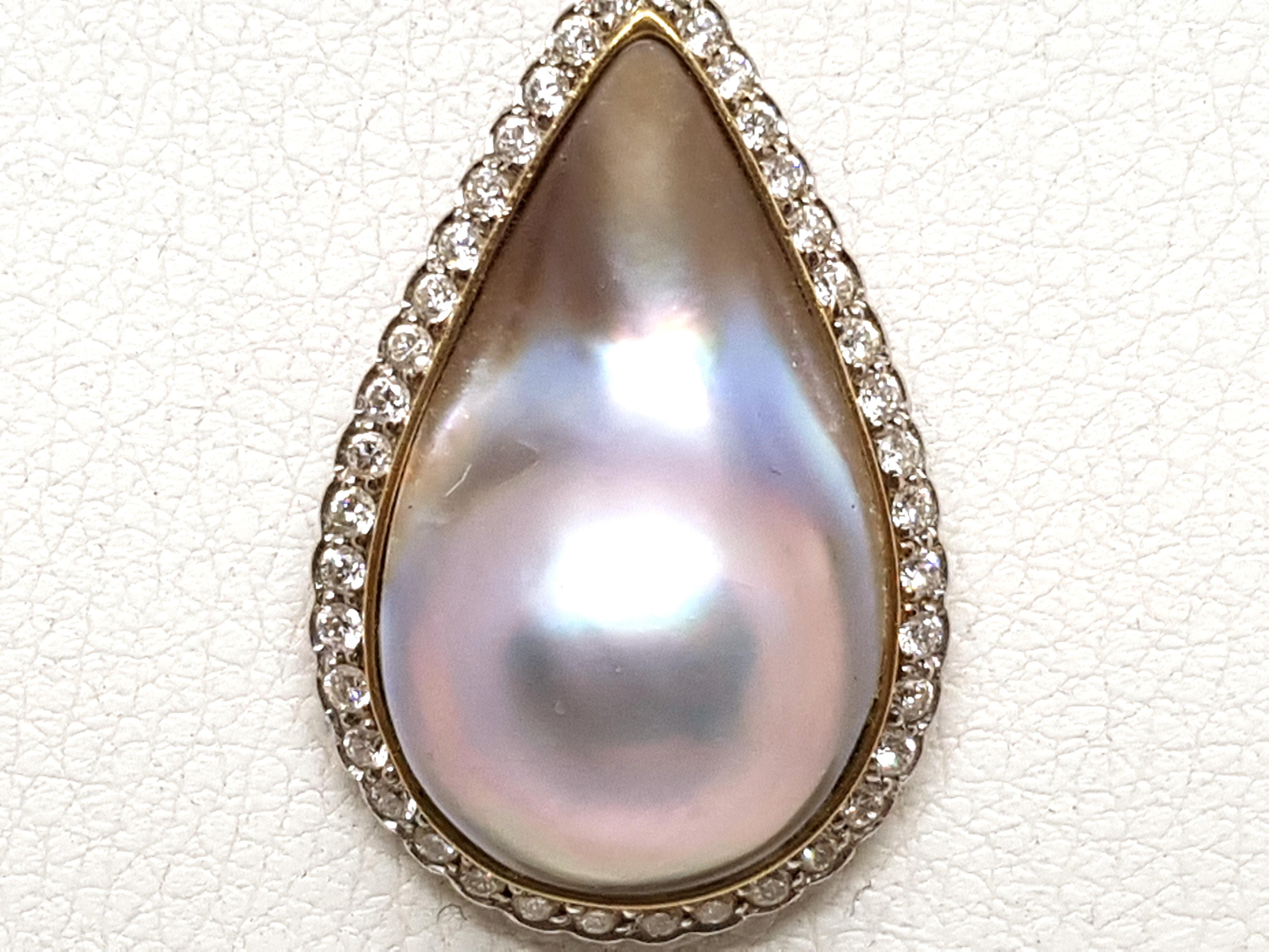 Antique Vintage Yellow White Gold Diamond Pearl Necklace Pendant In Excellent Condition For Sale In Antwerp, BE