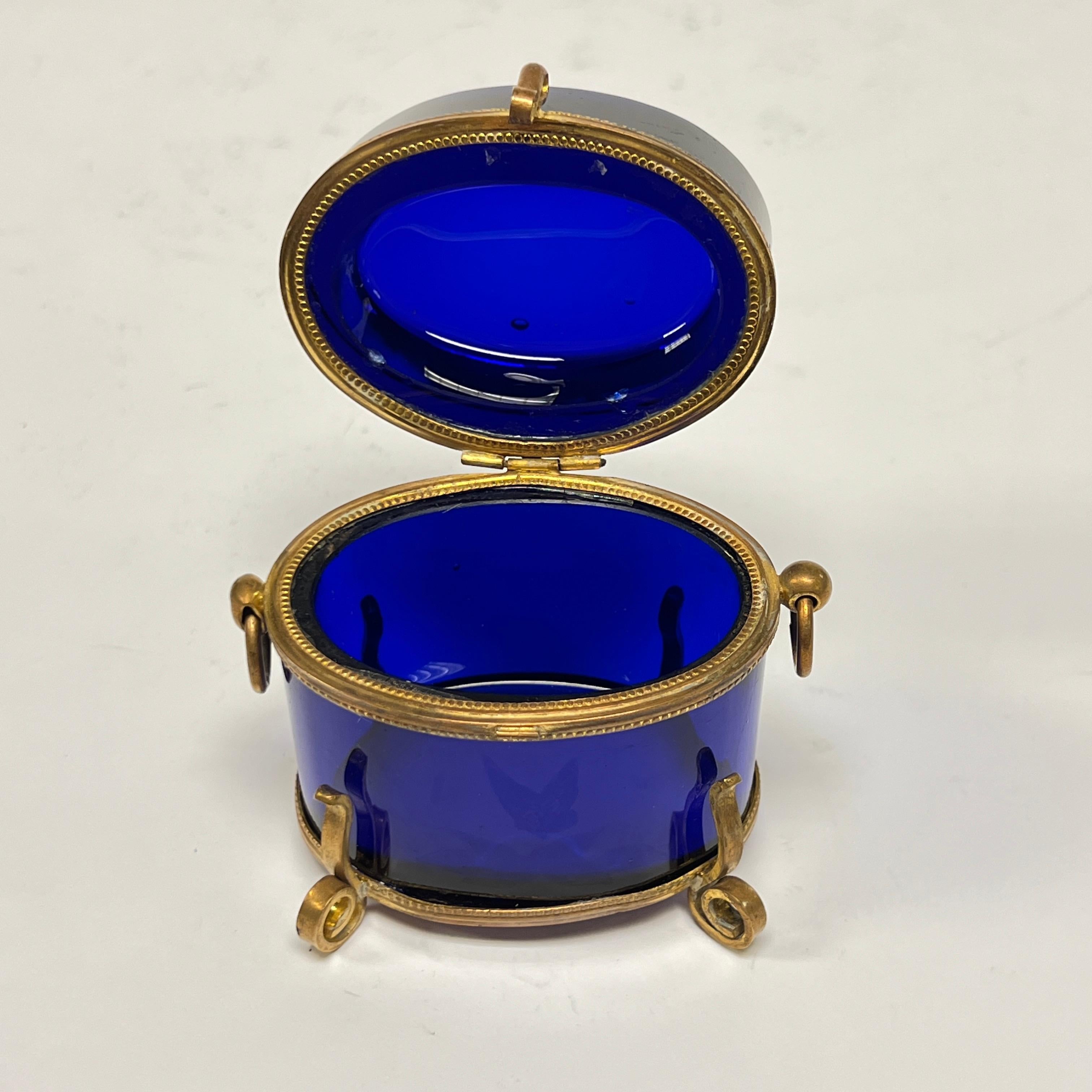 Antique Violet / Blue Glass and Gilt Bronze Jewelry Box / Casket For Sale 6
