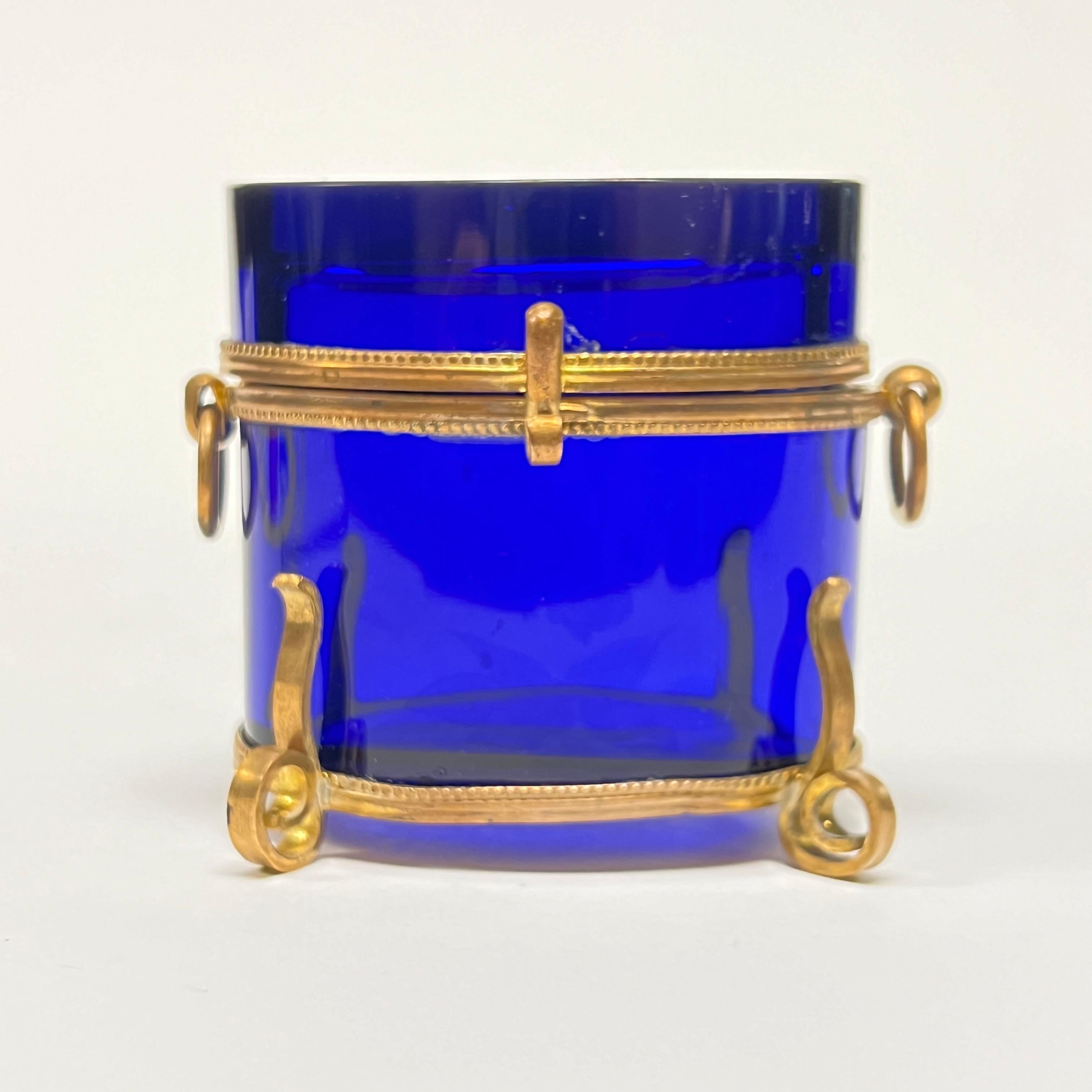 Enameled Antique Violet / Blue Glass and Gilt Bronze Jewelry Box / Casket For Sale