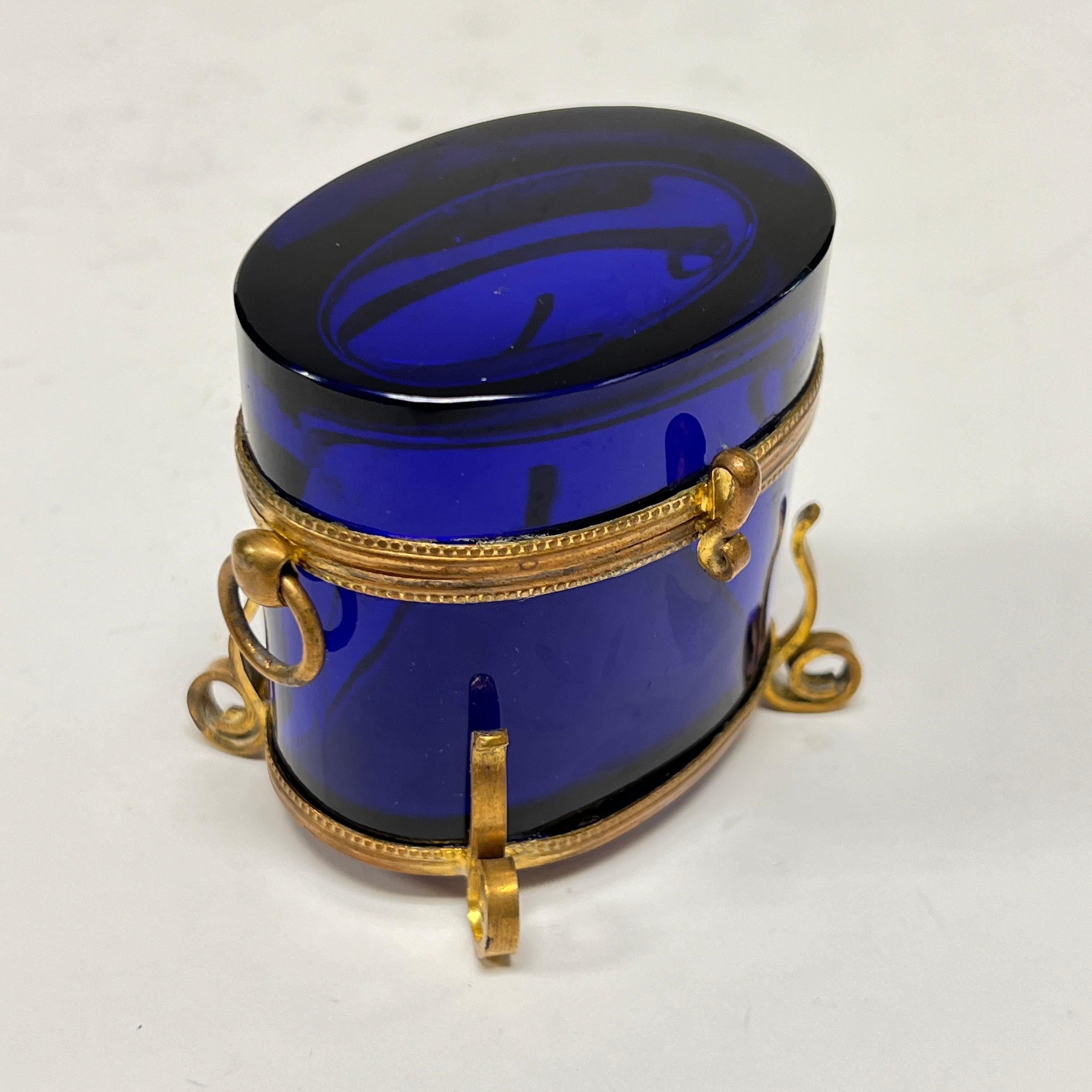 20th Century Antique Violet / Blue Glass and Gilt Bronze Jewelry Box / Casket For Sale