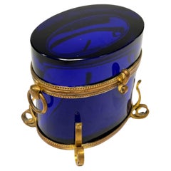 Joyero / Cofre Antiguo de Vidrio Violeta / Azul y Bronce Dorado