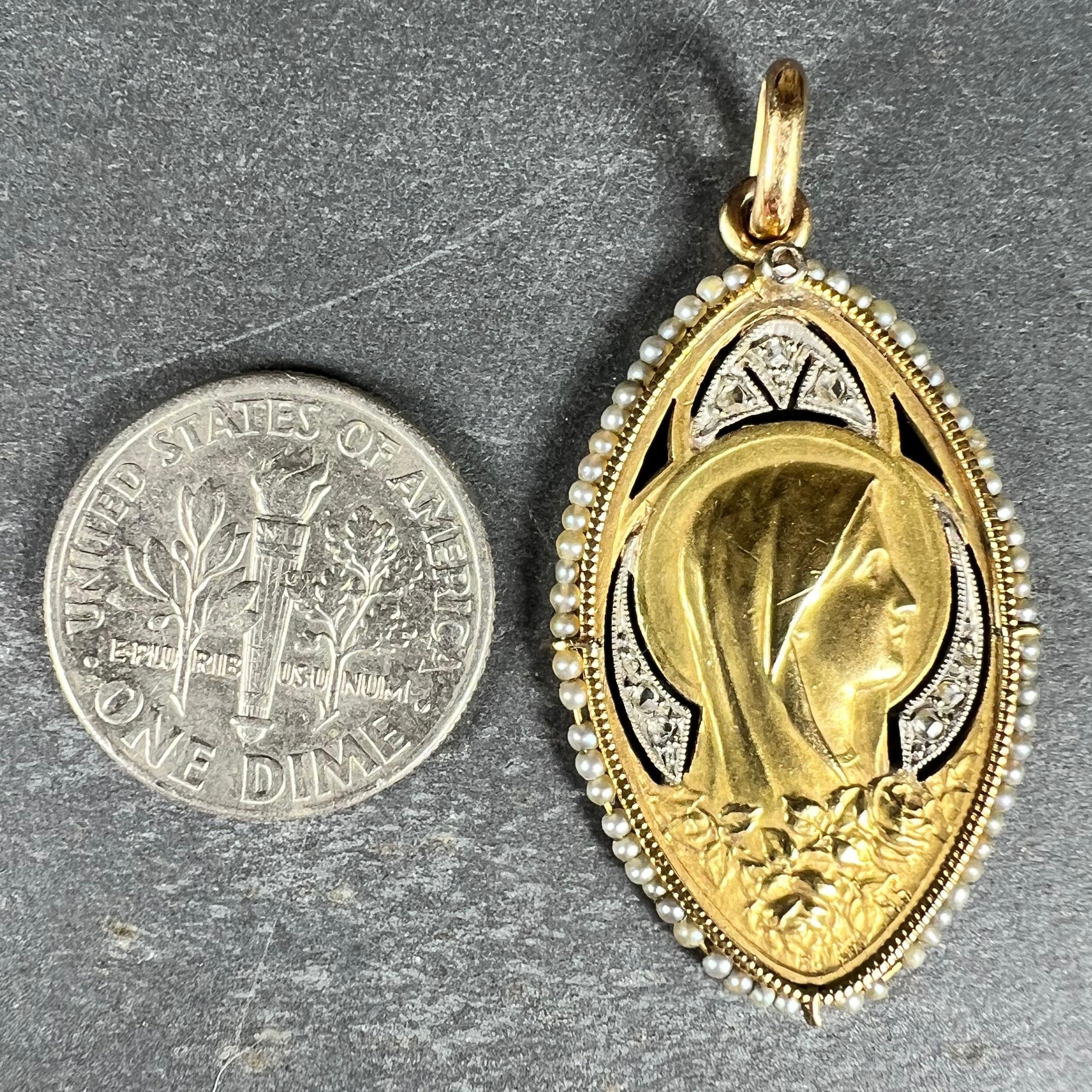 Antique Virgin Mary 18K Yellow Gold Pearl Diamond Medal Pendant For Sale 5