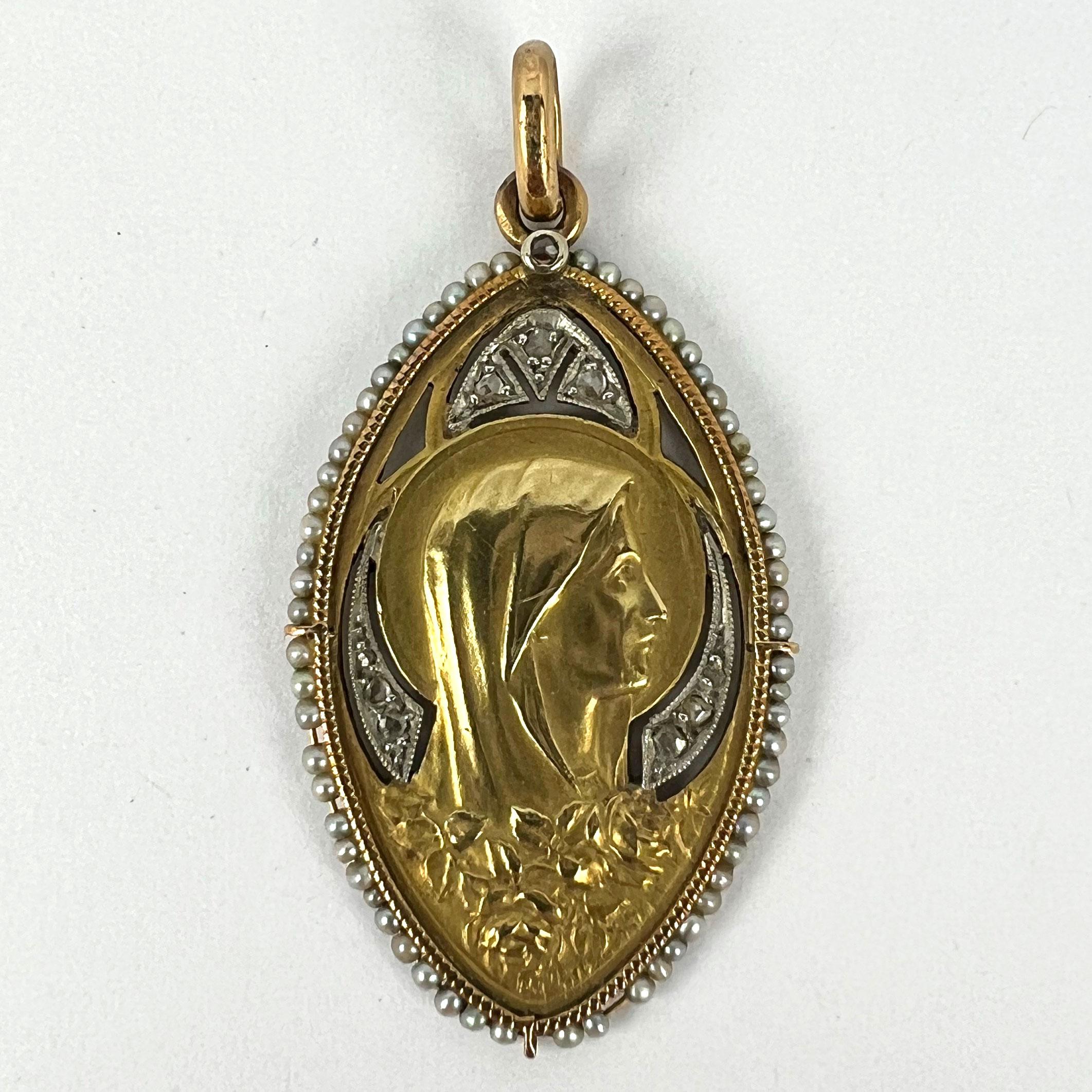 Antique Virgin Mary 18K Yellow Gold Pearl Diamond Medal Pendant For Sale 6