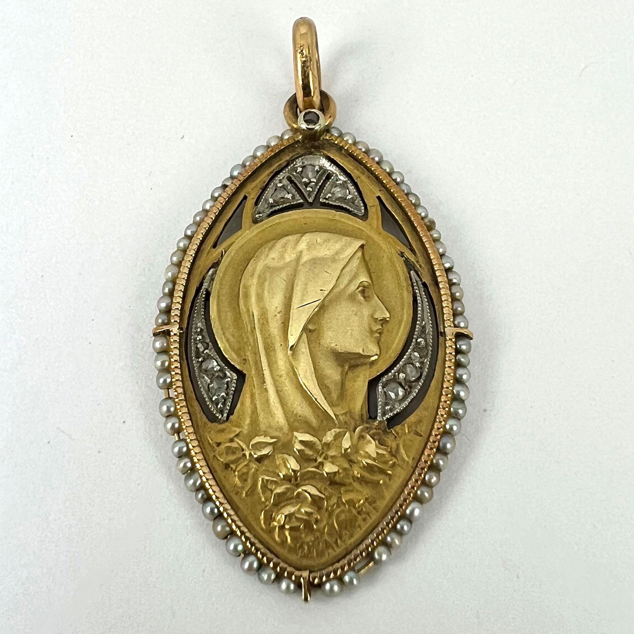 Antique Virgin Mary 18K Yellow Gold Pearl Diamond Medal Pendant For Sale 7