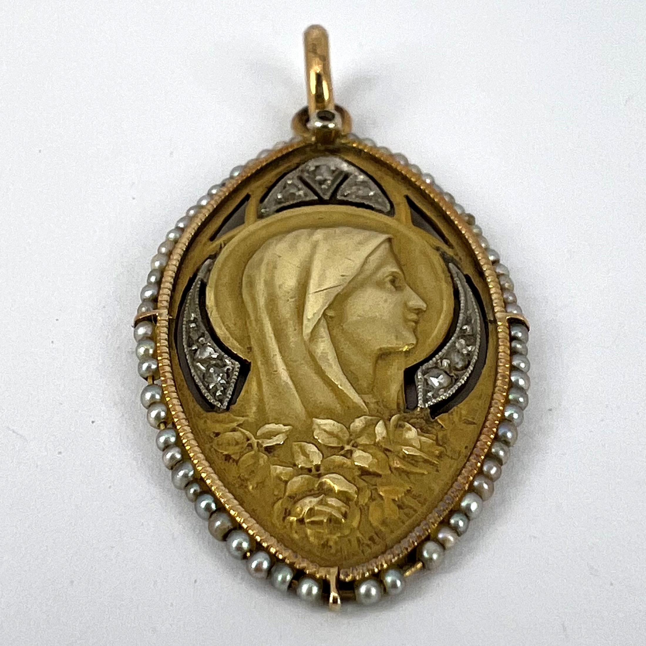 Antique Virgin Mary 18K Yellow Gold Pearl Diamond Medal Pendant For Sale 8