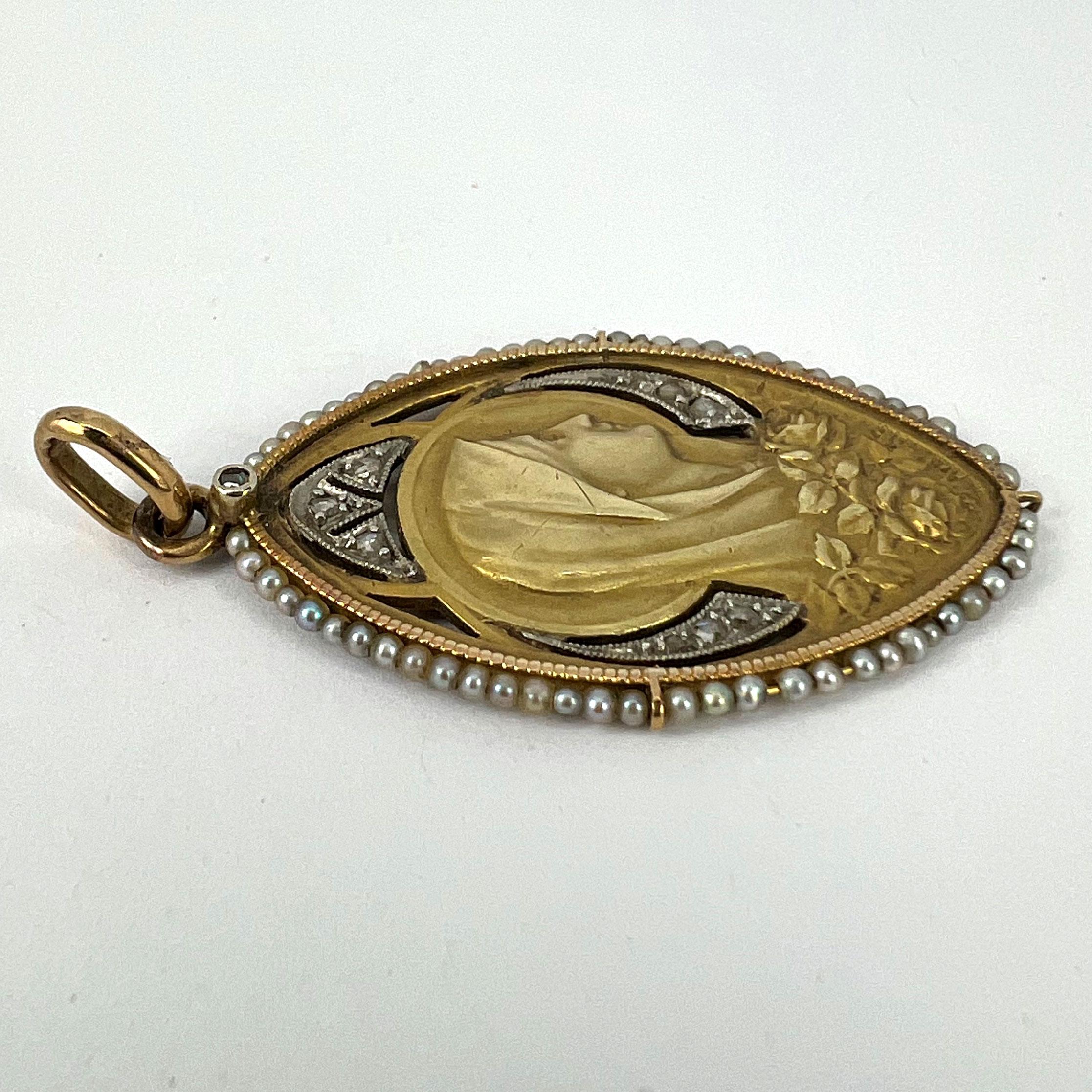 Antique Virgin Mary 18K Yellow Gold Pearl Diamond Medal Pendant For Sale 9