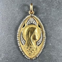 Antique Virgin Mary 18K Yellow Gold Pearl Diamond Medal Pendant
