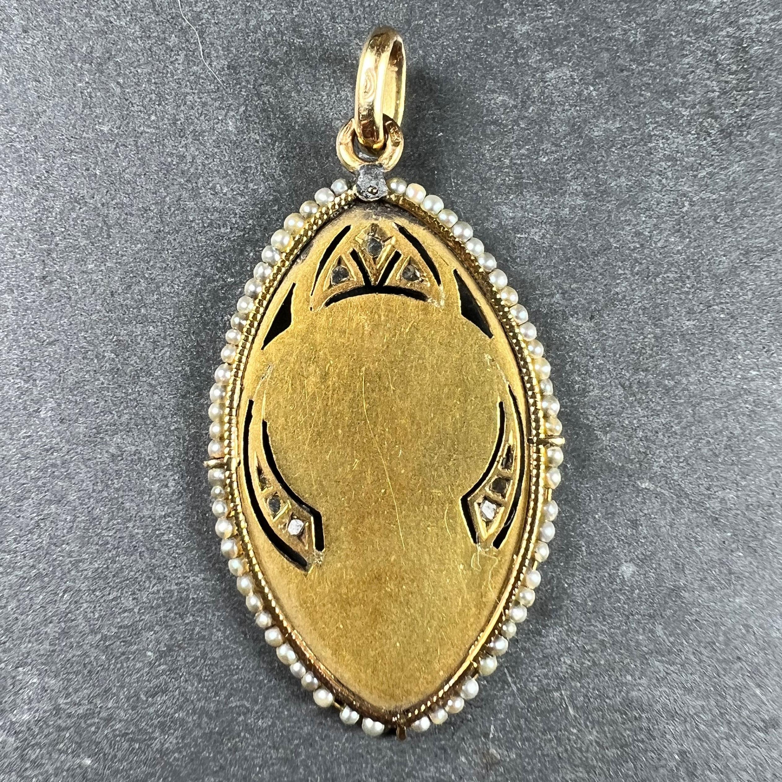 Rose Cut Antique Virgin Mary 18K Yellow Gold Pearl Diamond Medal Pendant For Sale