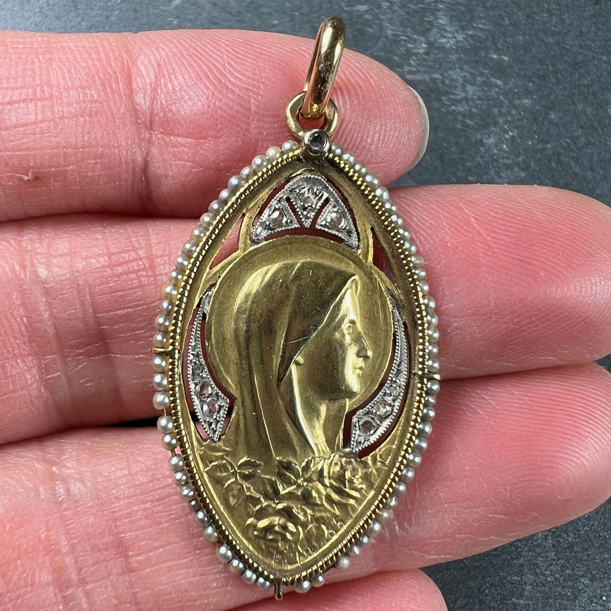 Women's or Men's Antique Virgin Mary 18K Yellow Gold Pearl Diamond Medal Pendant For Sale